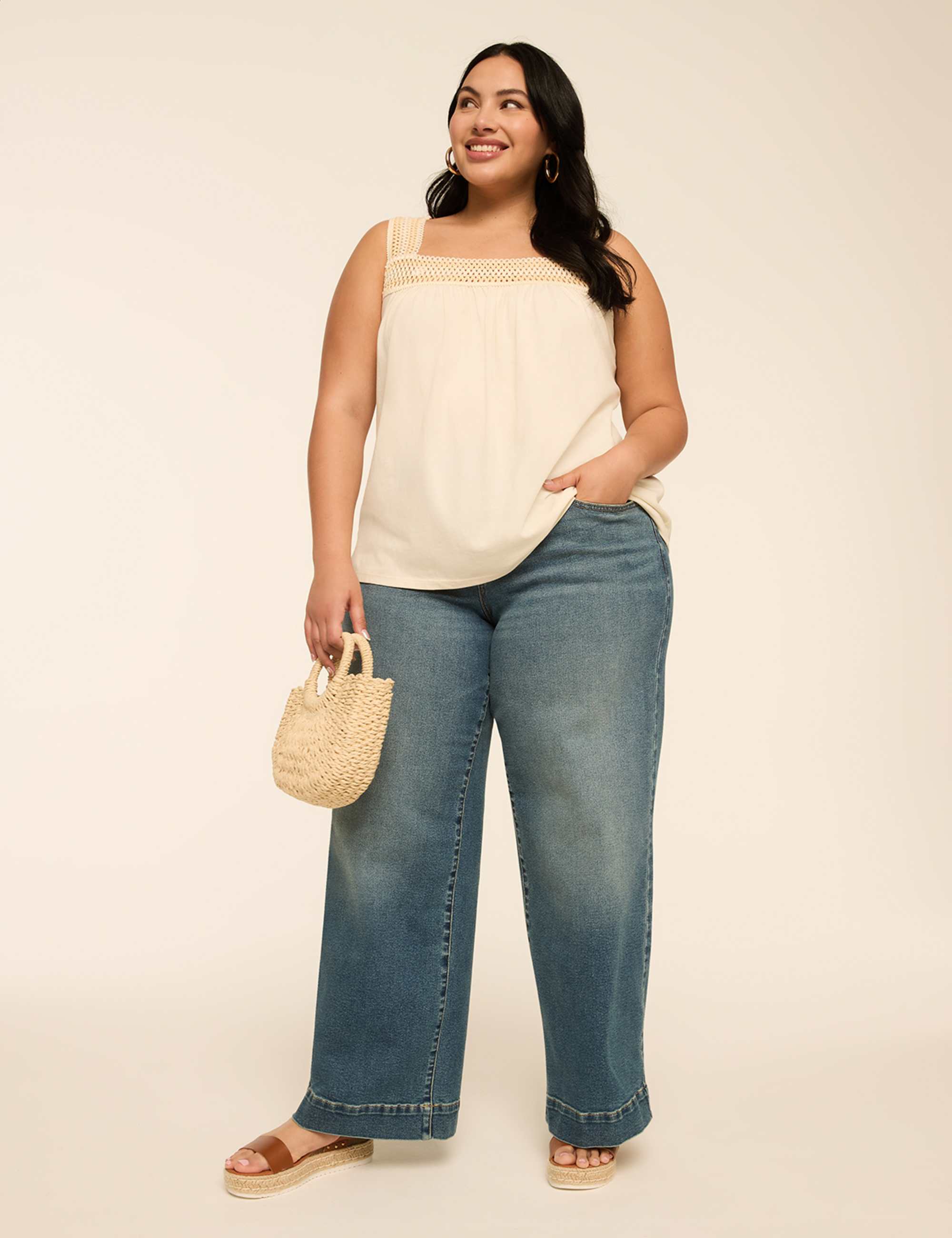 Square-Neck Crochet-Trim Tank