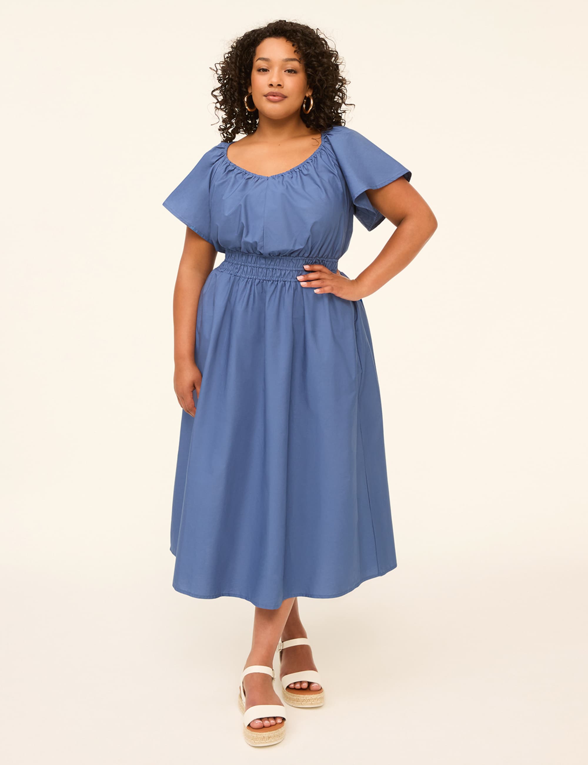 Smocked-Waist Poplin Midi Dress