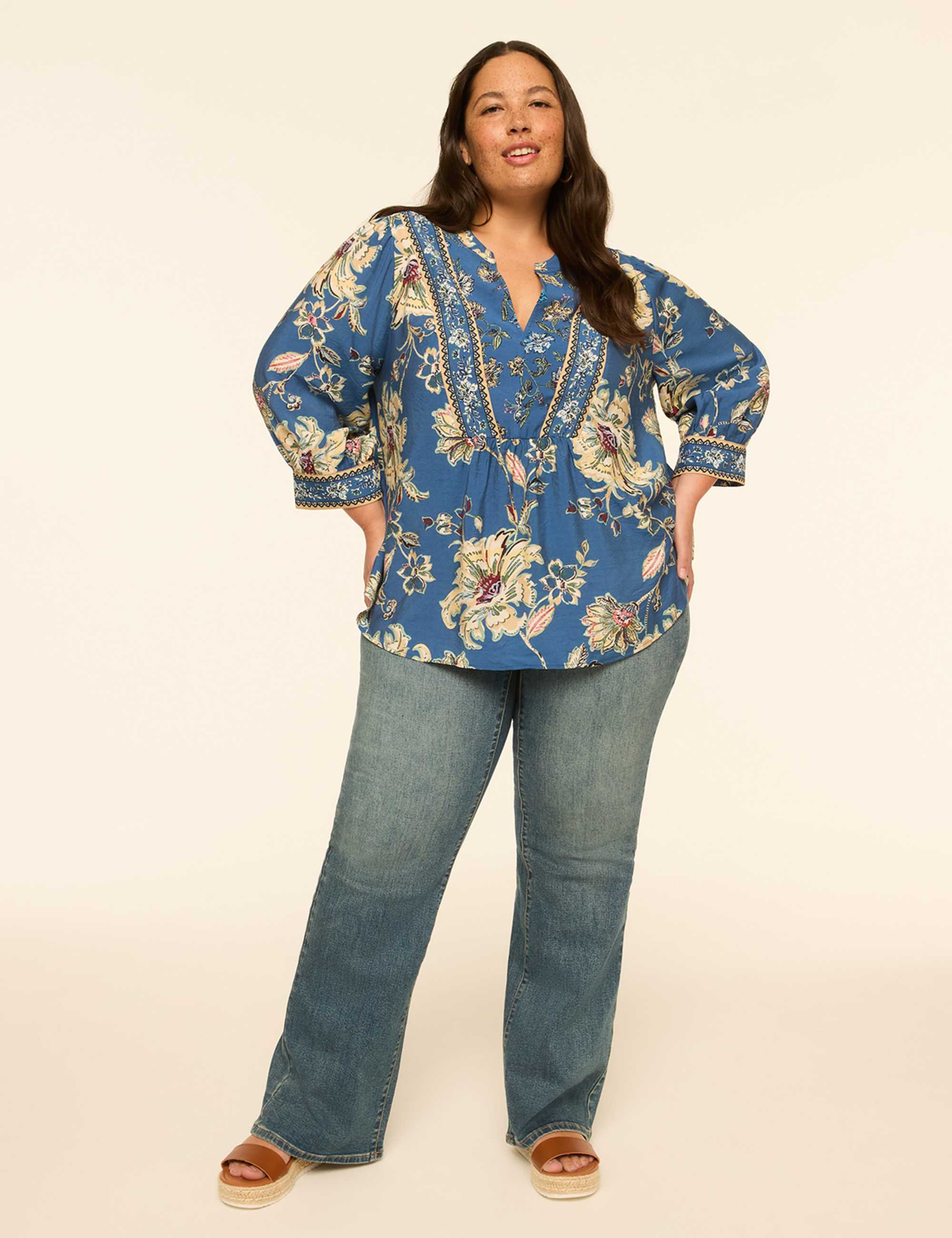 3/4-Sleeve Notch-Neck Popover Blouse