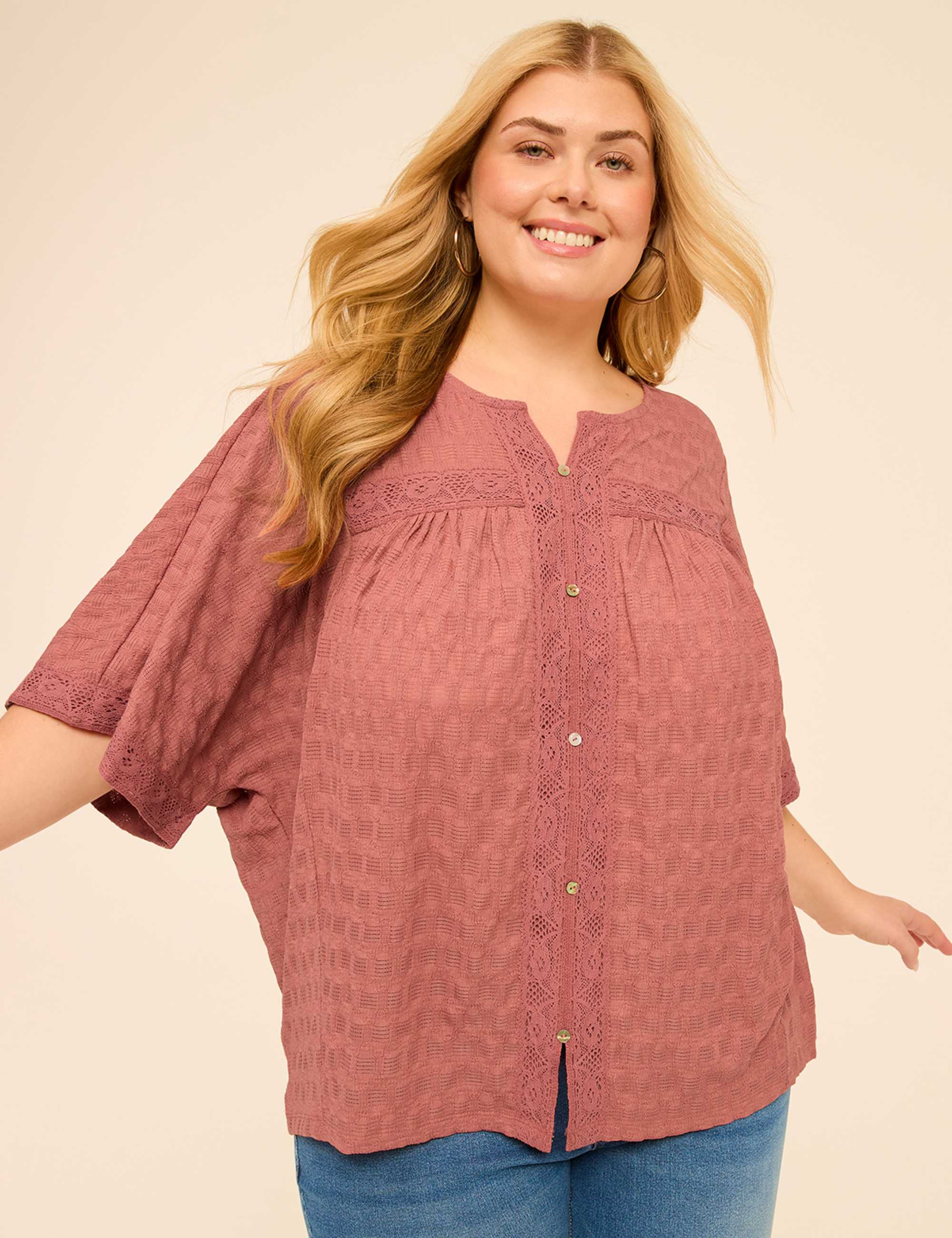 Button-Front Lace-Trim Top