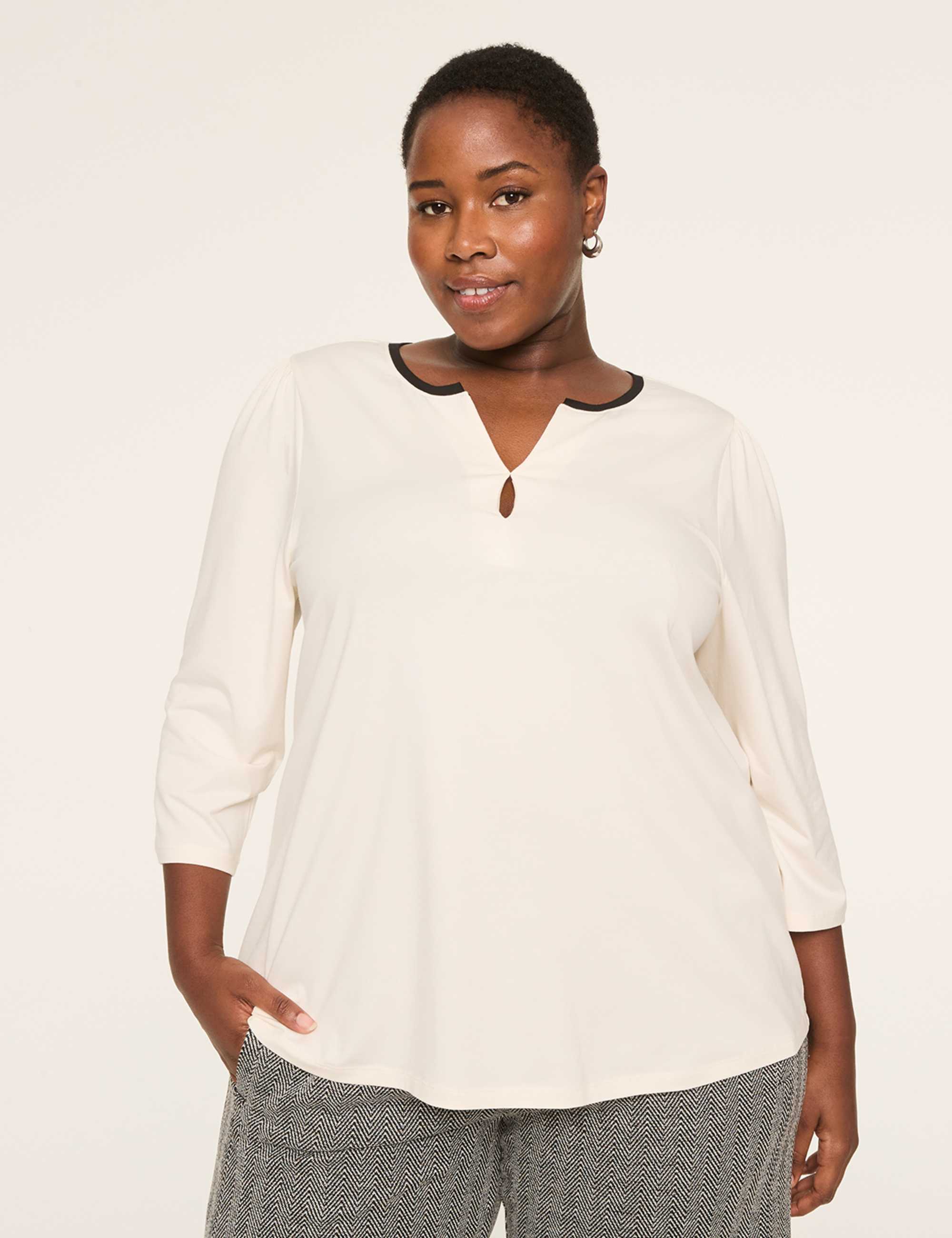 3/4-Sleeve Notch-Neck Keyhole Tee