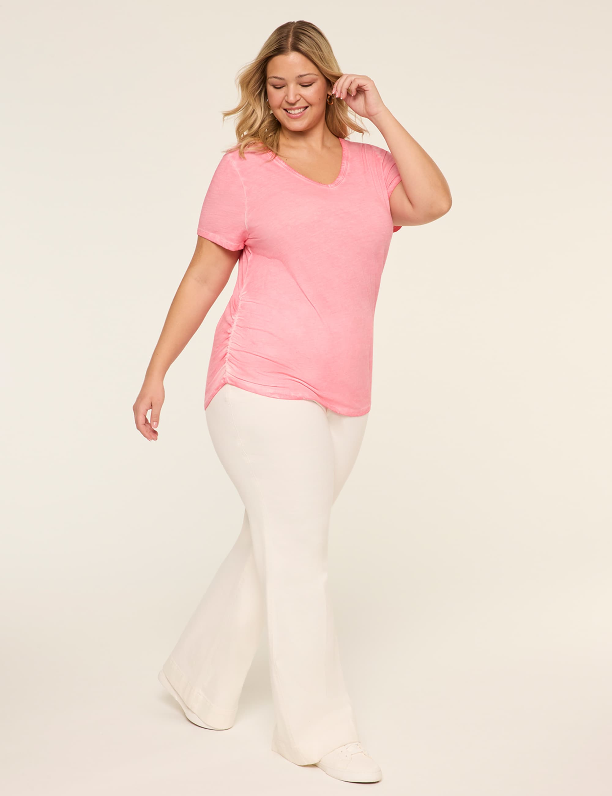 Short-Sleeve V-Neck Side-Ruched Tee