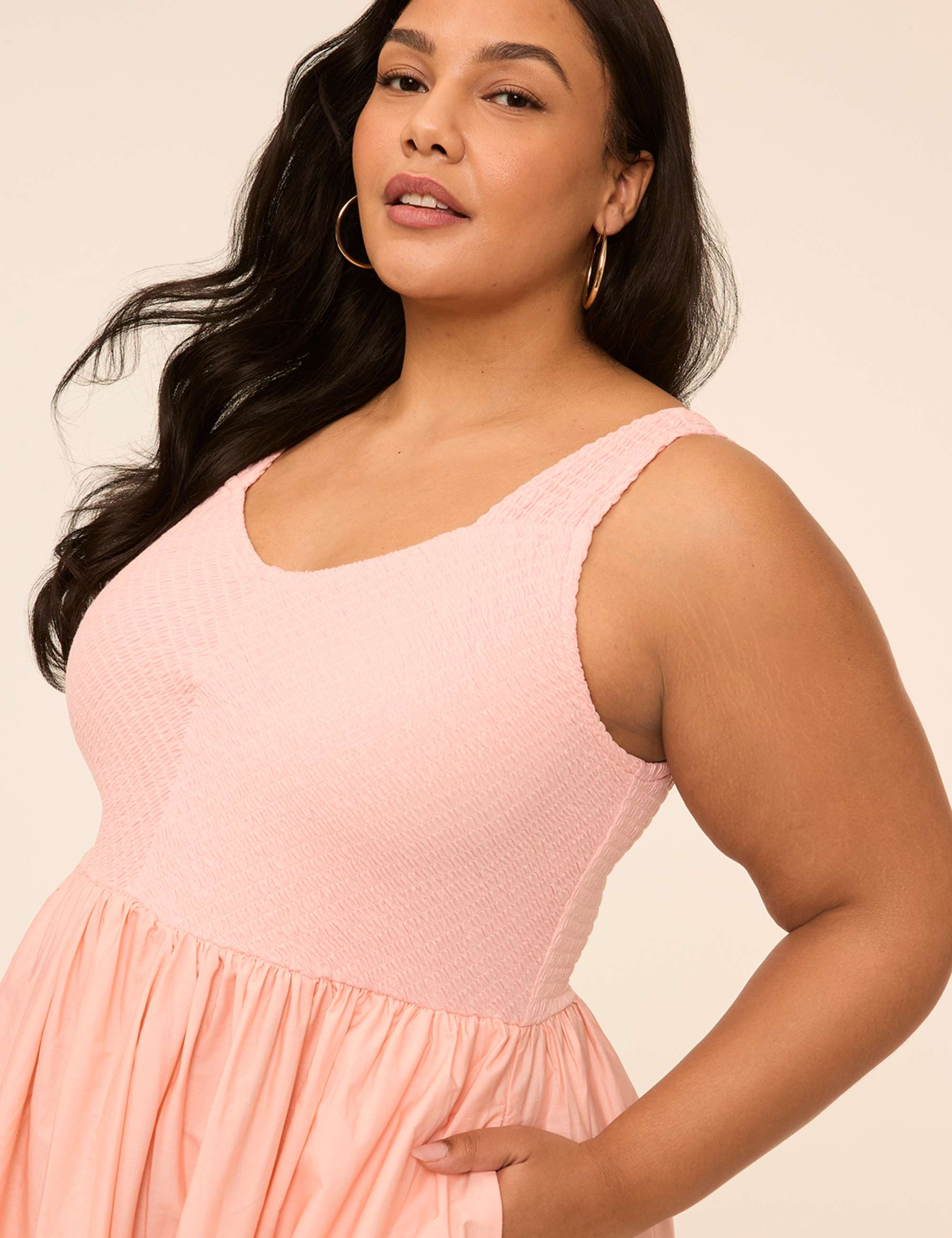 V-Neck Smocked-Bodice Midi Dress