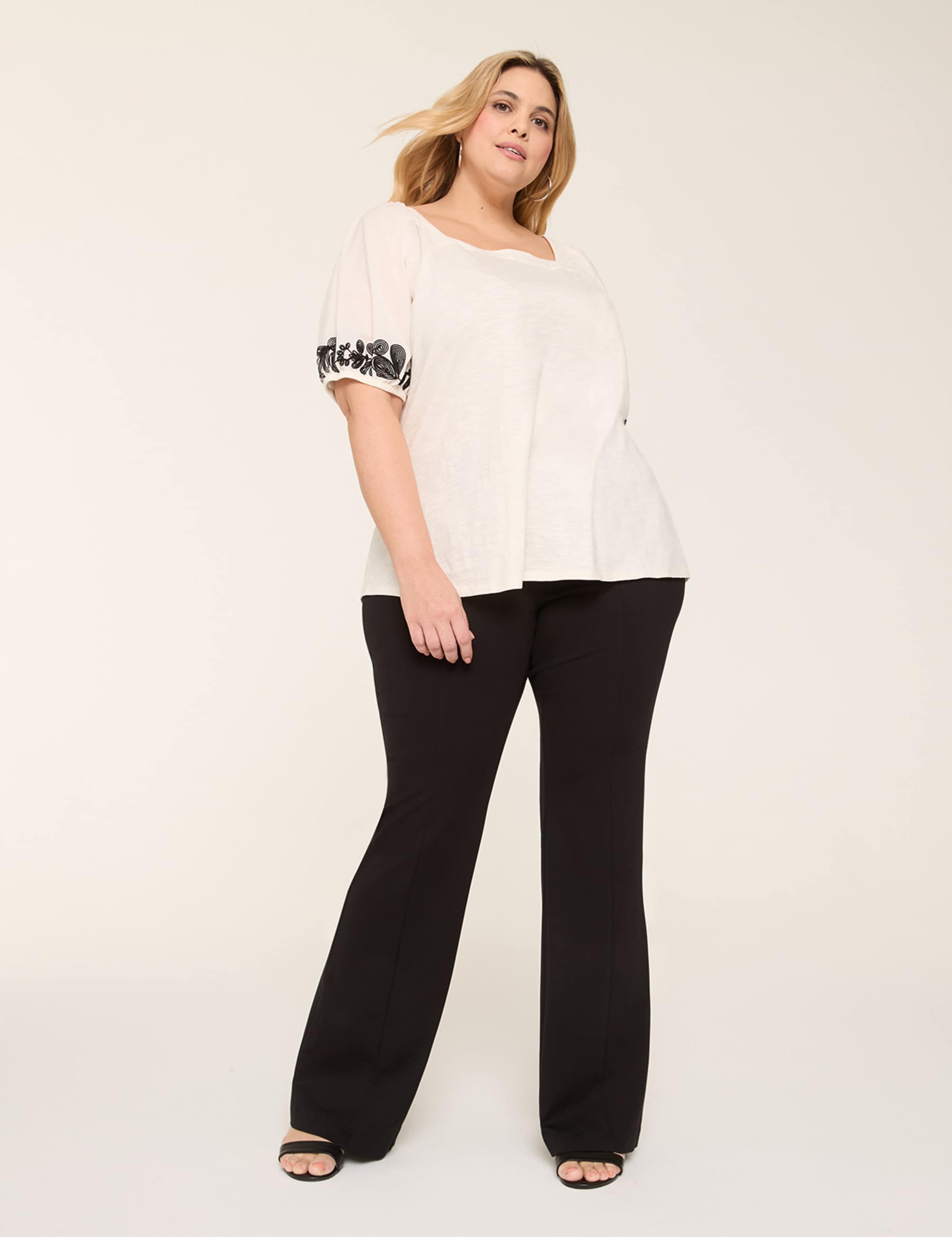 Embroidered Puff-Sleeve Square-Neck Top