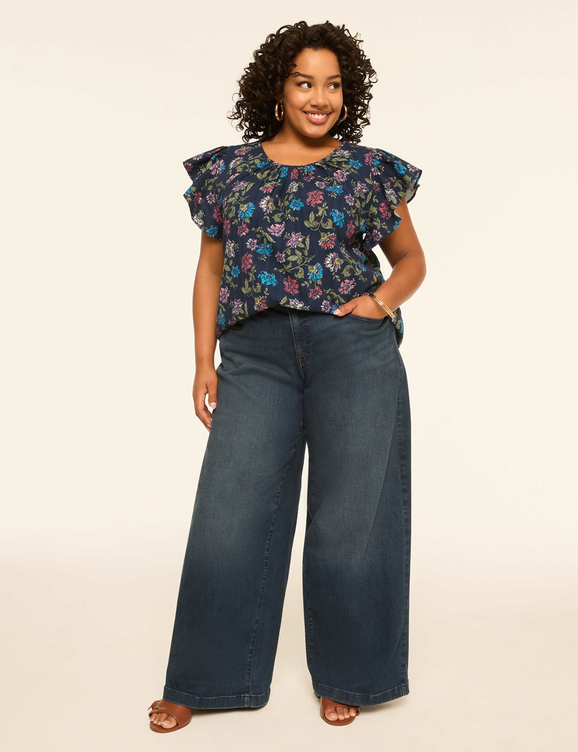 Flutter-Sleeve Scoop-Neck Popover Blouse