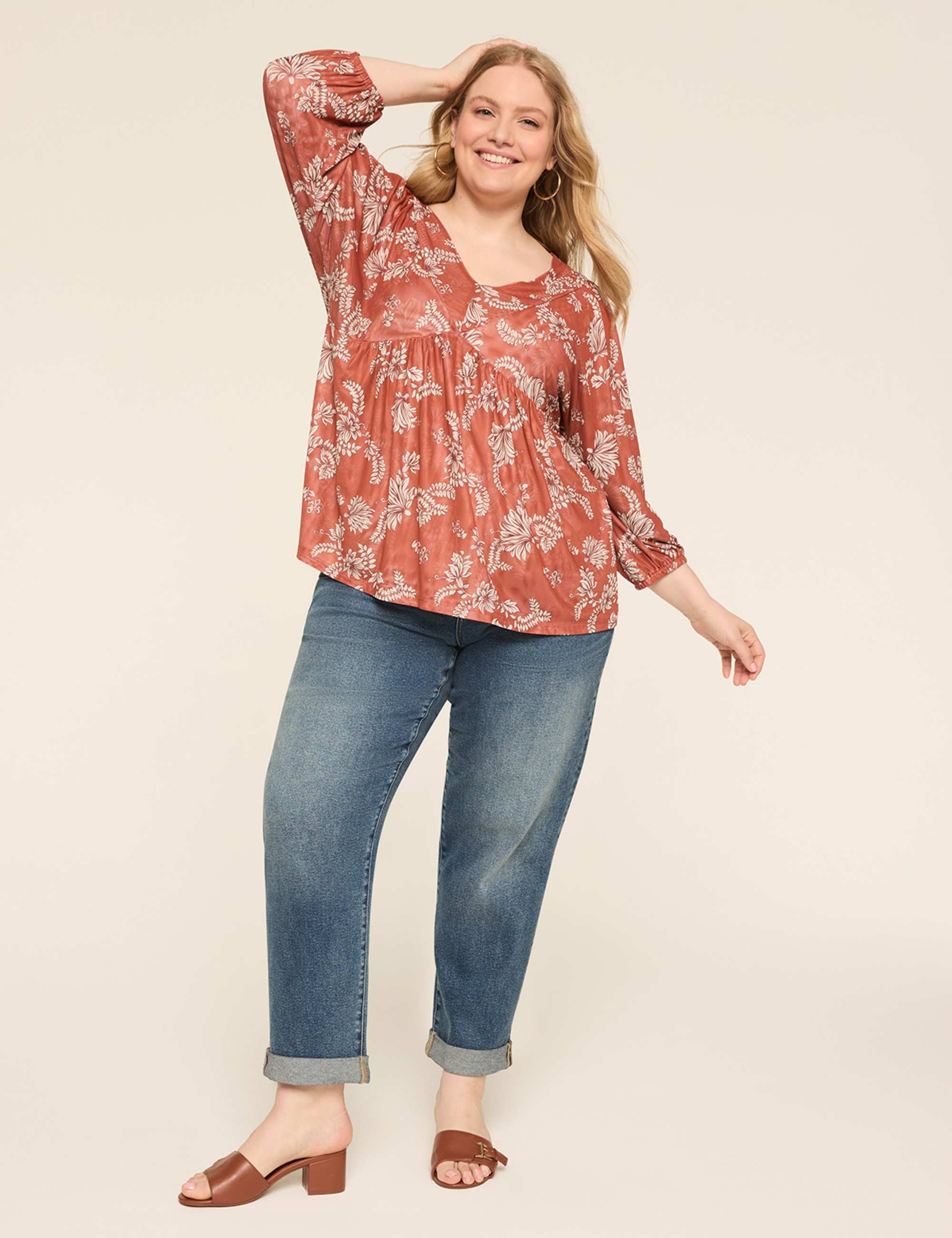 Mesh 3/4-Sleeve Tie-Back Top