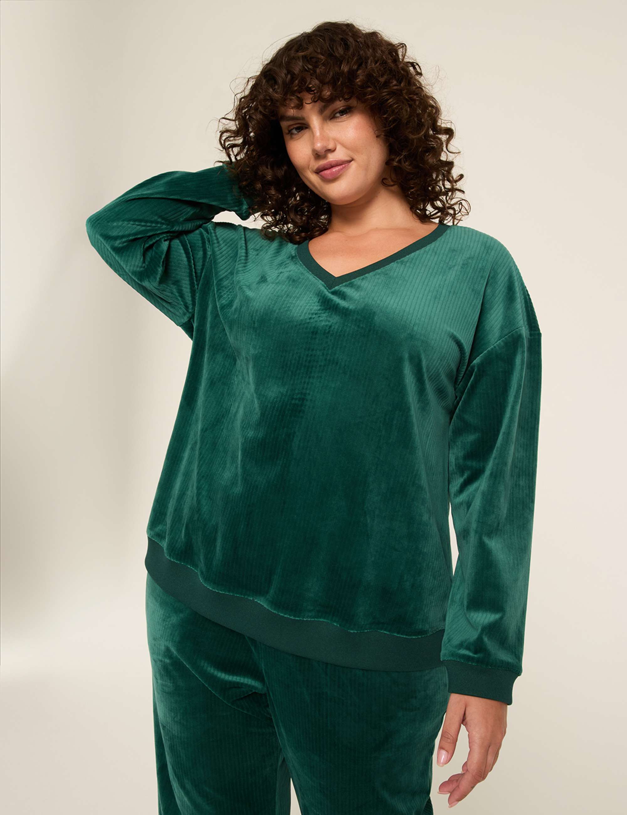 LIVI Ribbed Velour V-Neck Sweatshirt