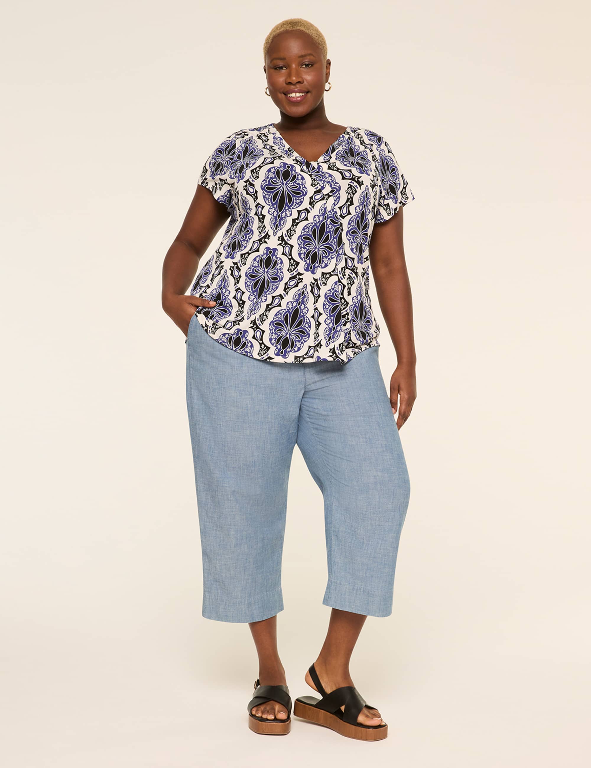 Swing Cap-Sleeve Pleat-Front Top