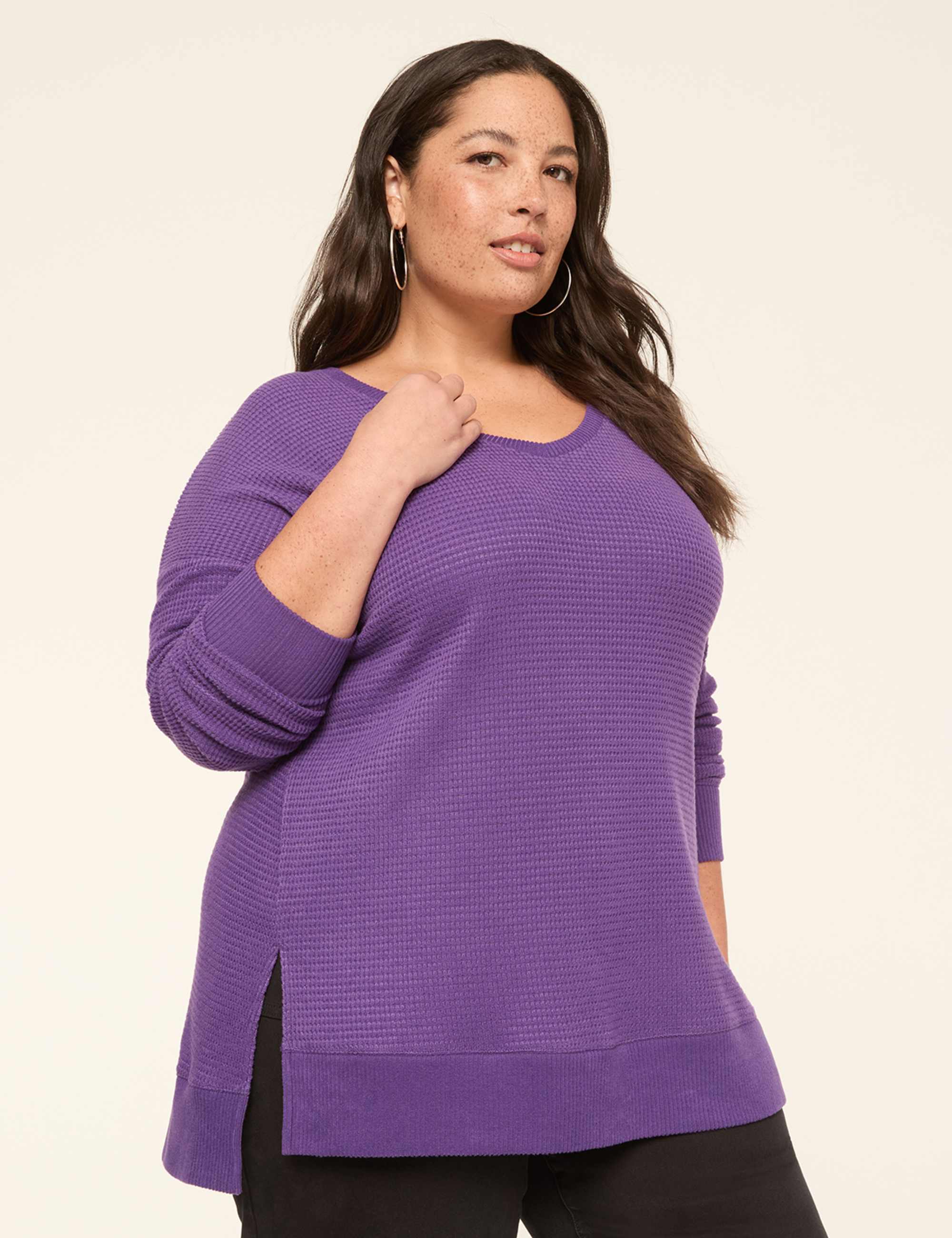 Long-Sleeve V-Neck Waffle Knit Top