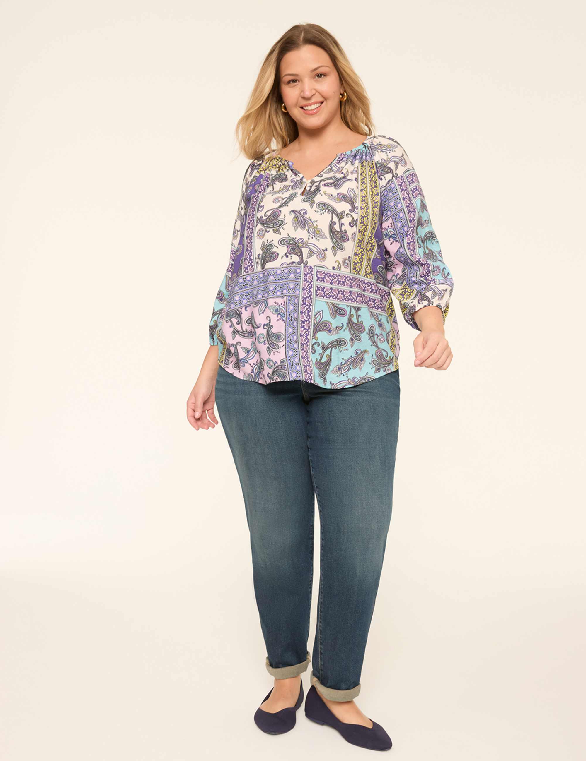 3/4-Sleeve Popover Blouse