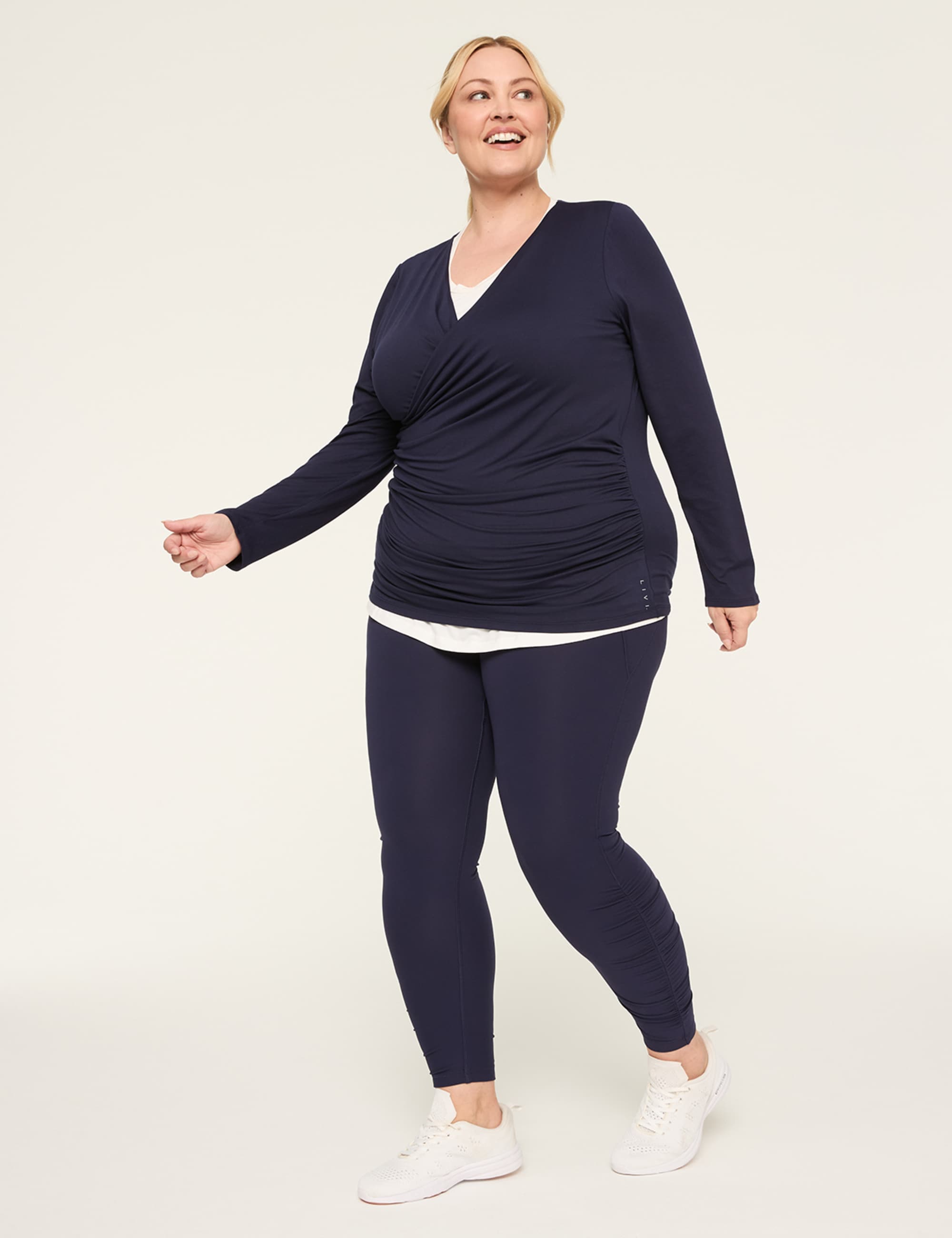 LIVI Soft Faux-Wrap Side-Ruched Top