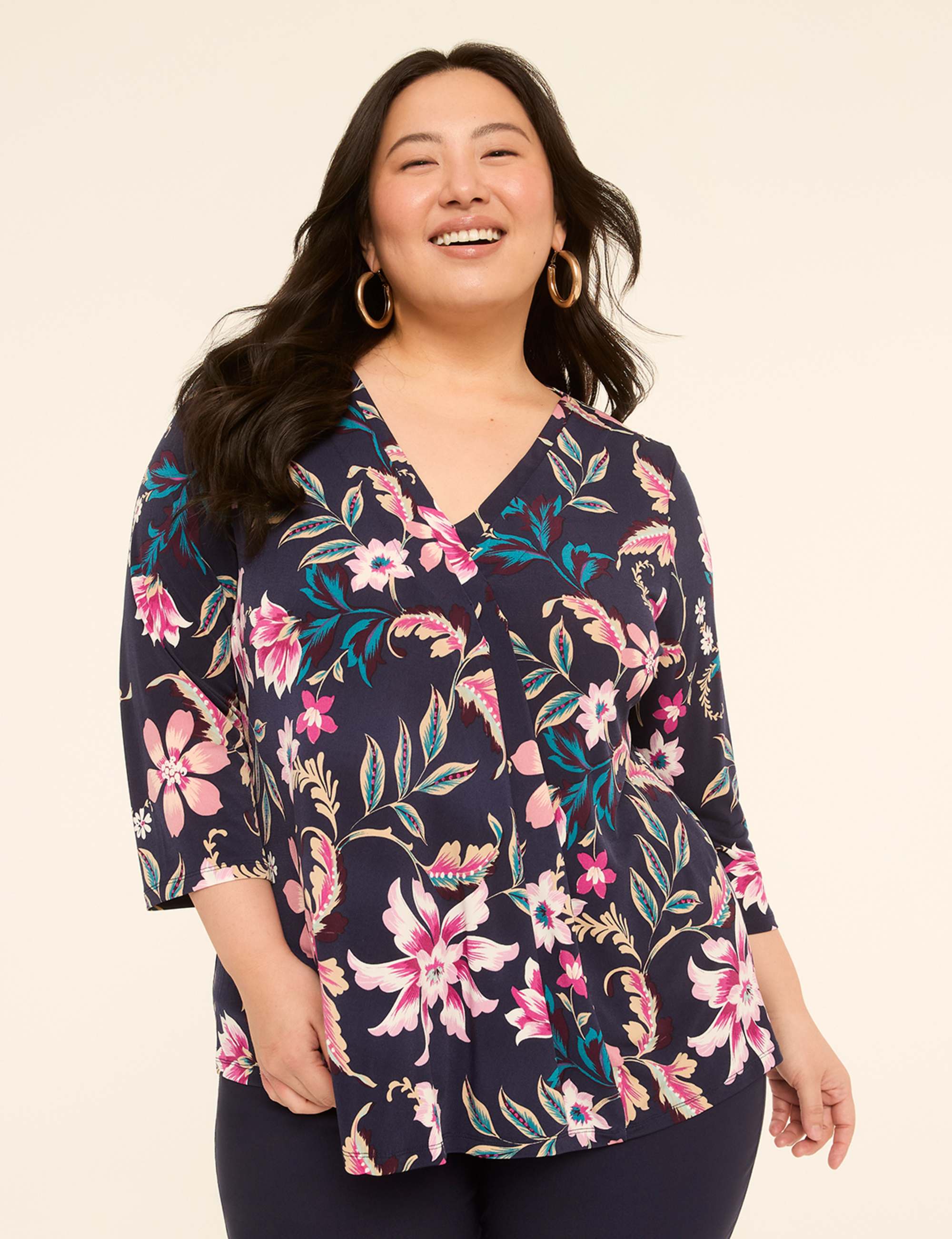 Swing 3/4-Sleeve Pleat-Front Top
