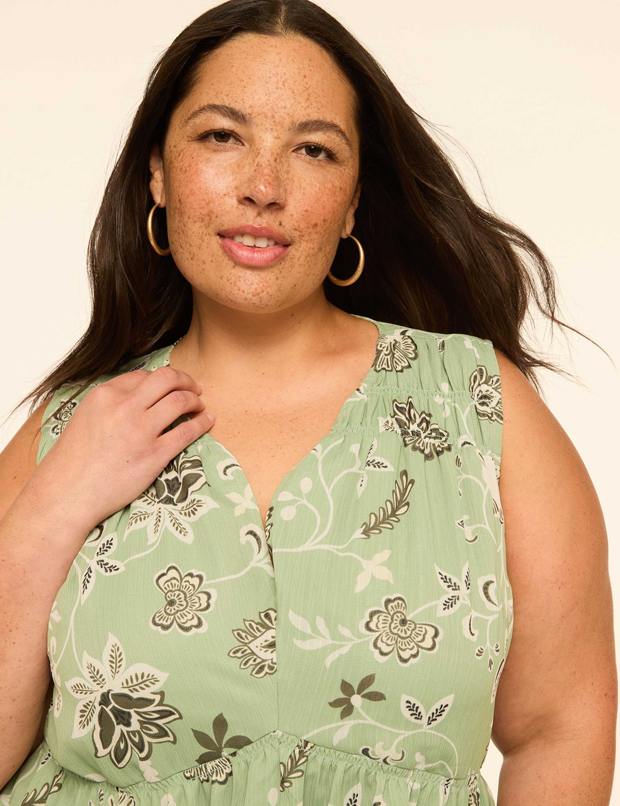 Smocked-Yoke V-Neck Tank