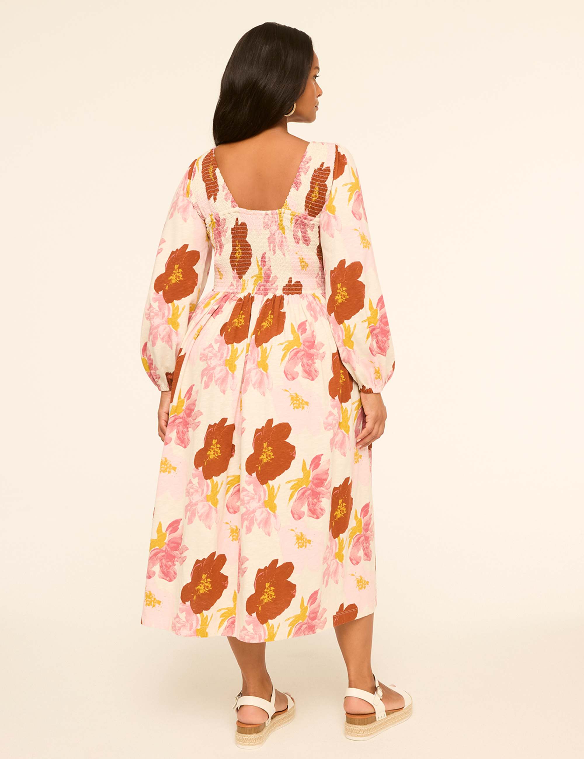 Long-Sleeve Smocked-Bodice Midi Dress