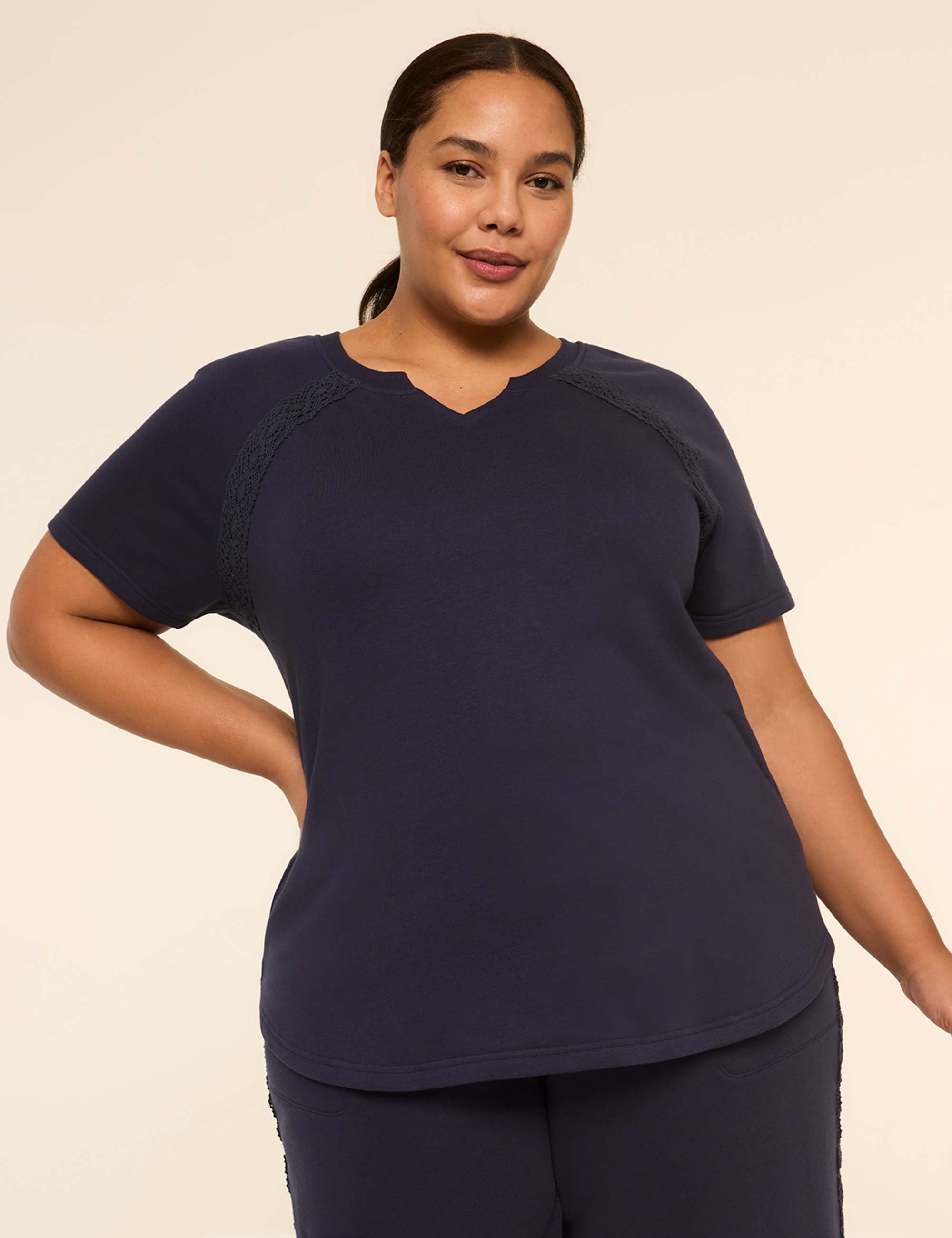 LIVI French Terry Elbow-Sleeve Crochet-Trim Sweatshirt