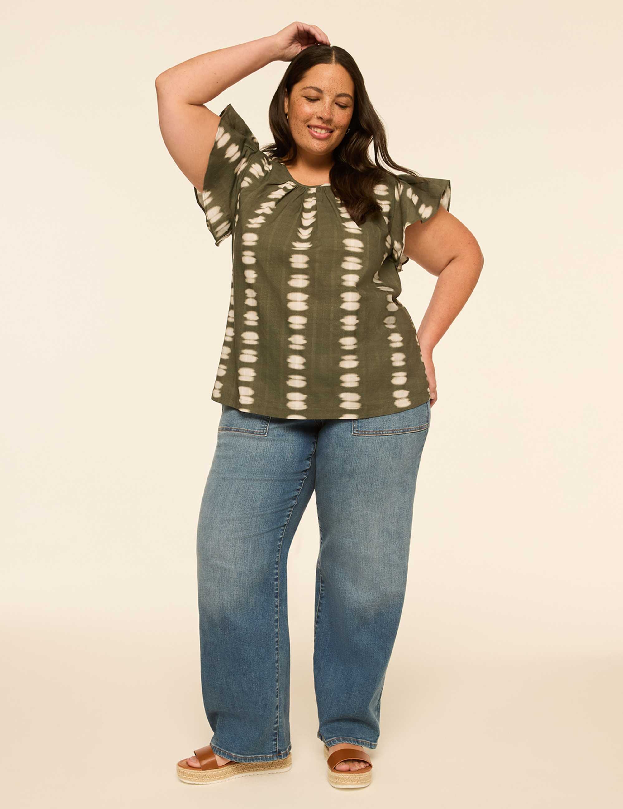 Flutter-Sleeve Scoop-Neck Popover Blouse