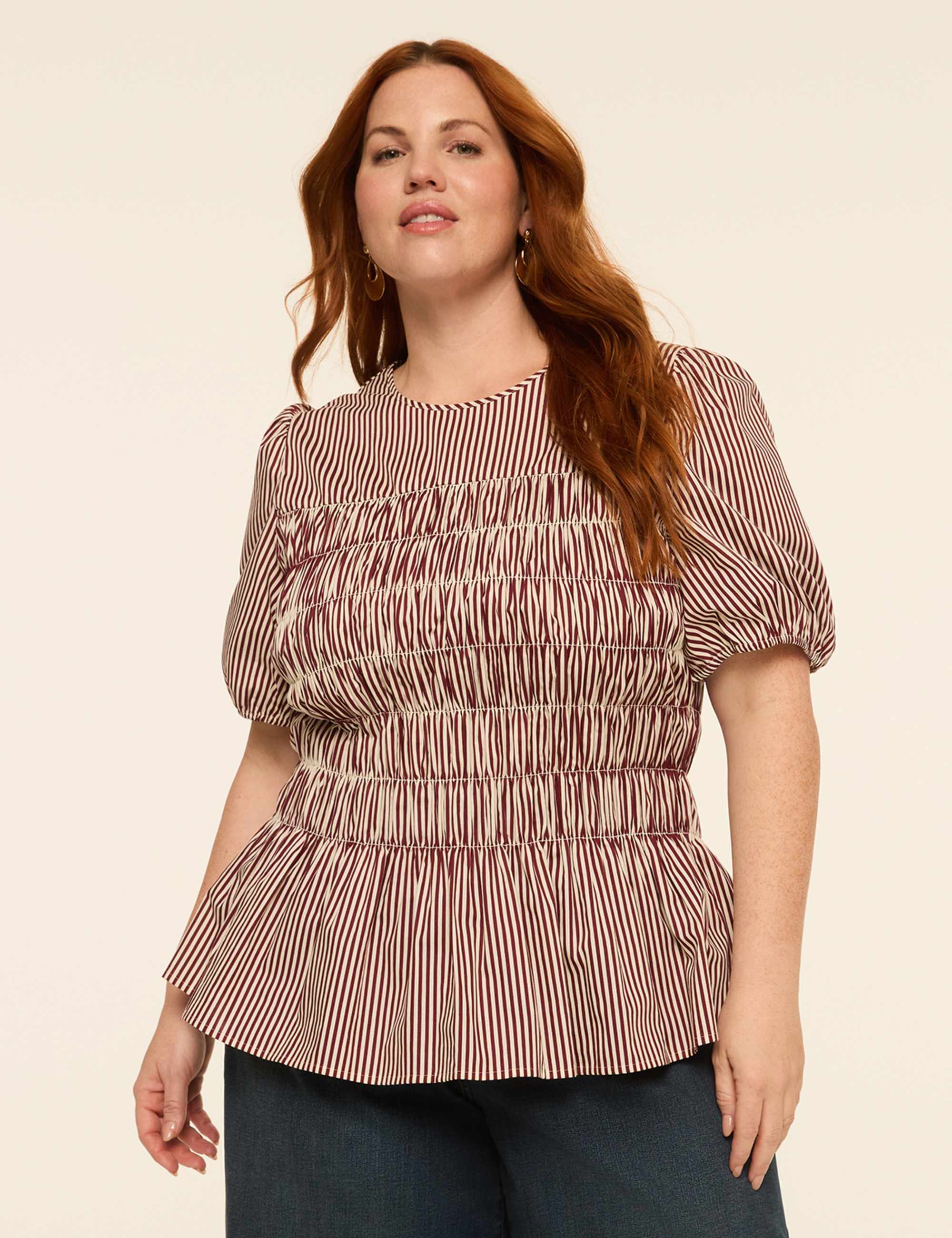 Puff-Sleeve Smocked Peplum Top