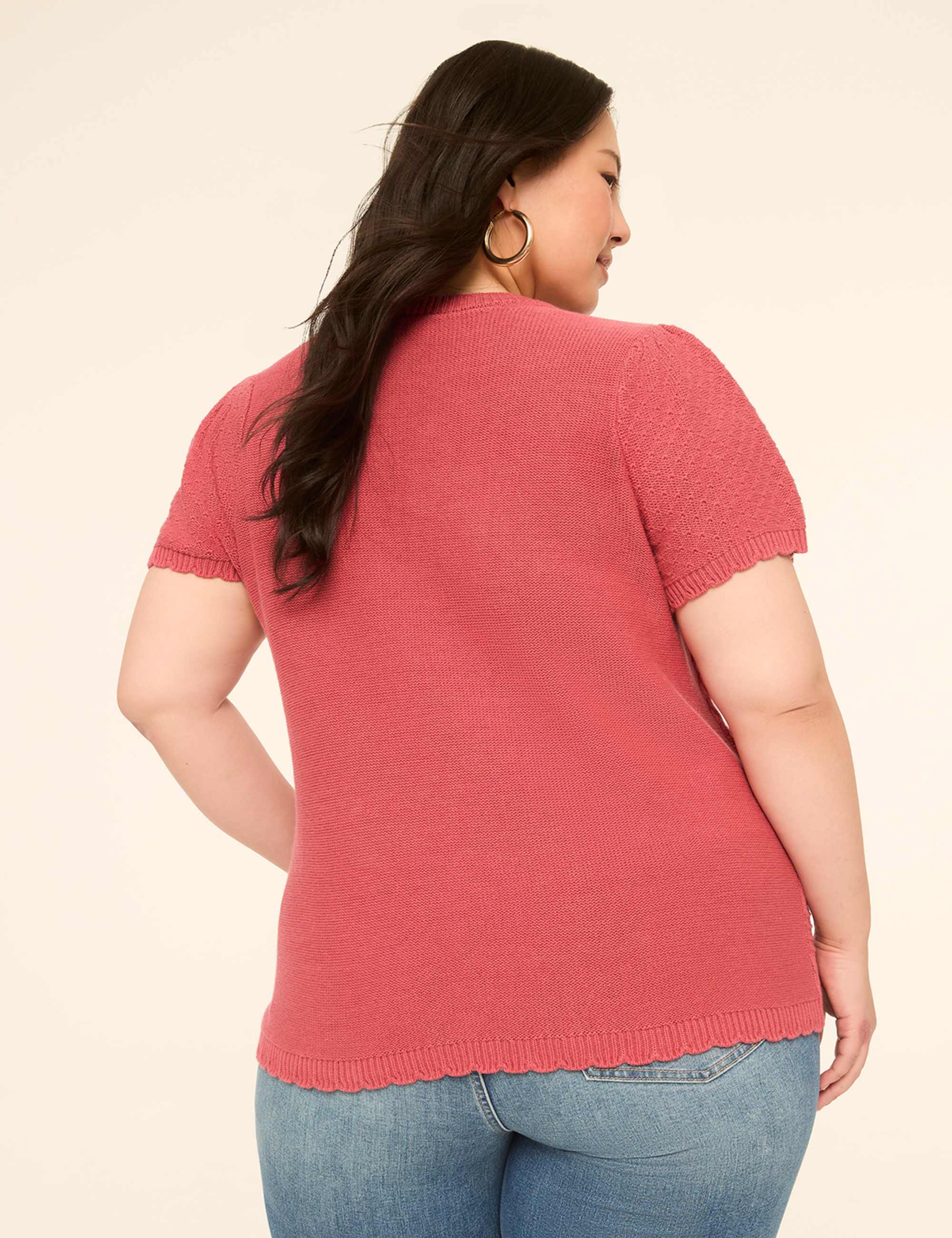 Short-Sleeve Notch-Neck Pointelle-Stitch Sweater