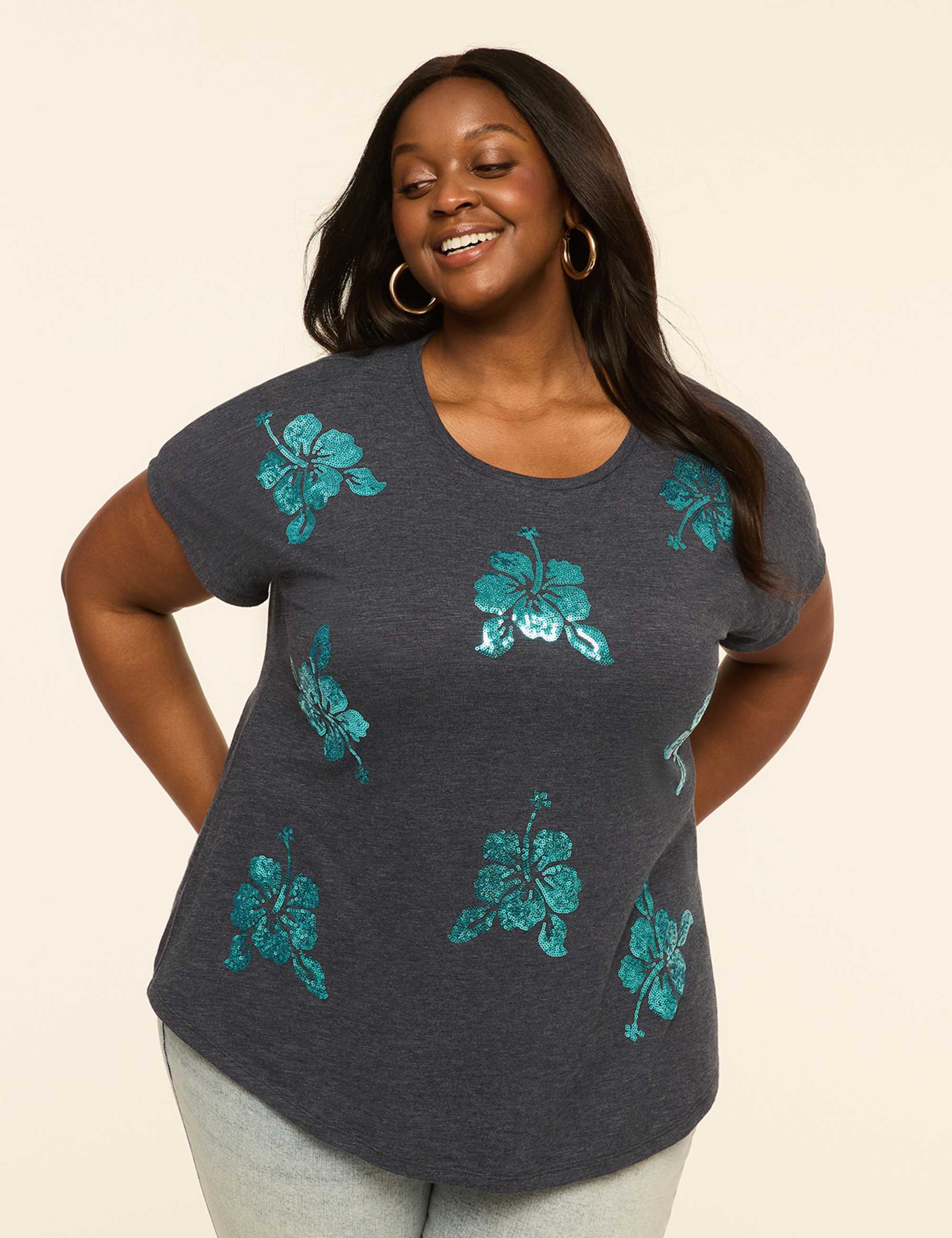 Sequin Tropical Flowers Graphic Tee