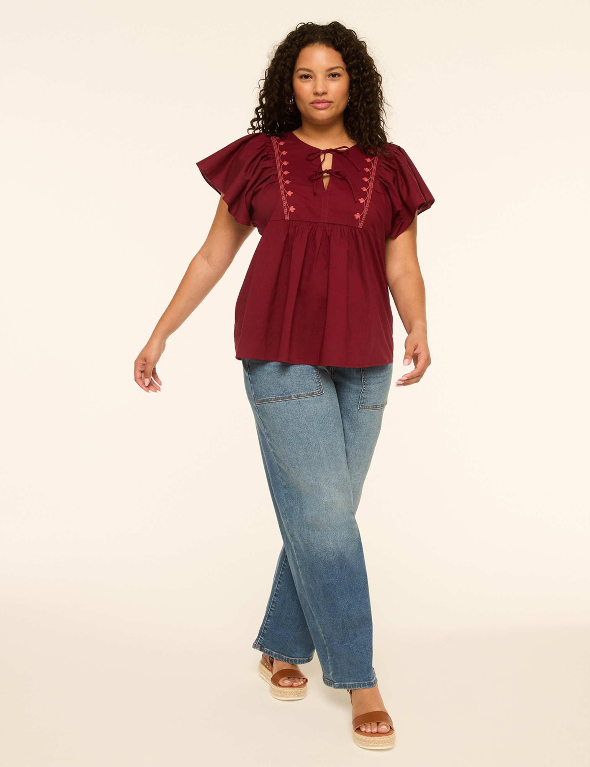 Embroidered Flutter-Sleeve Tie-Front Popover Blouse