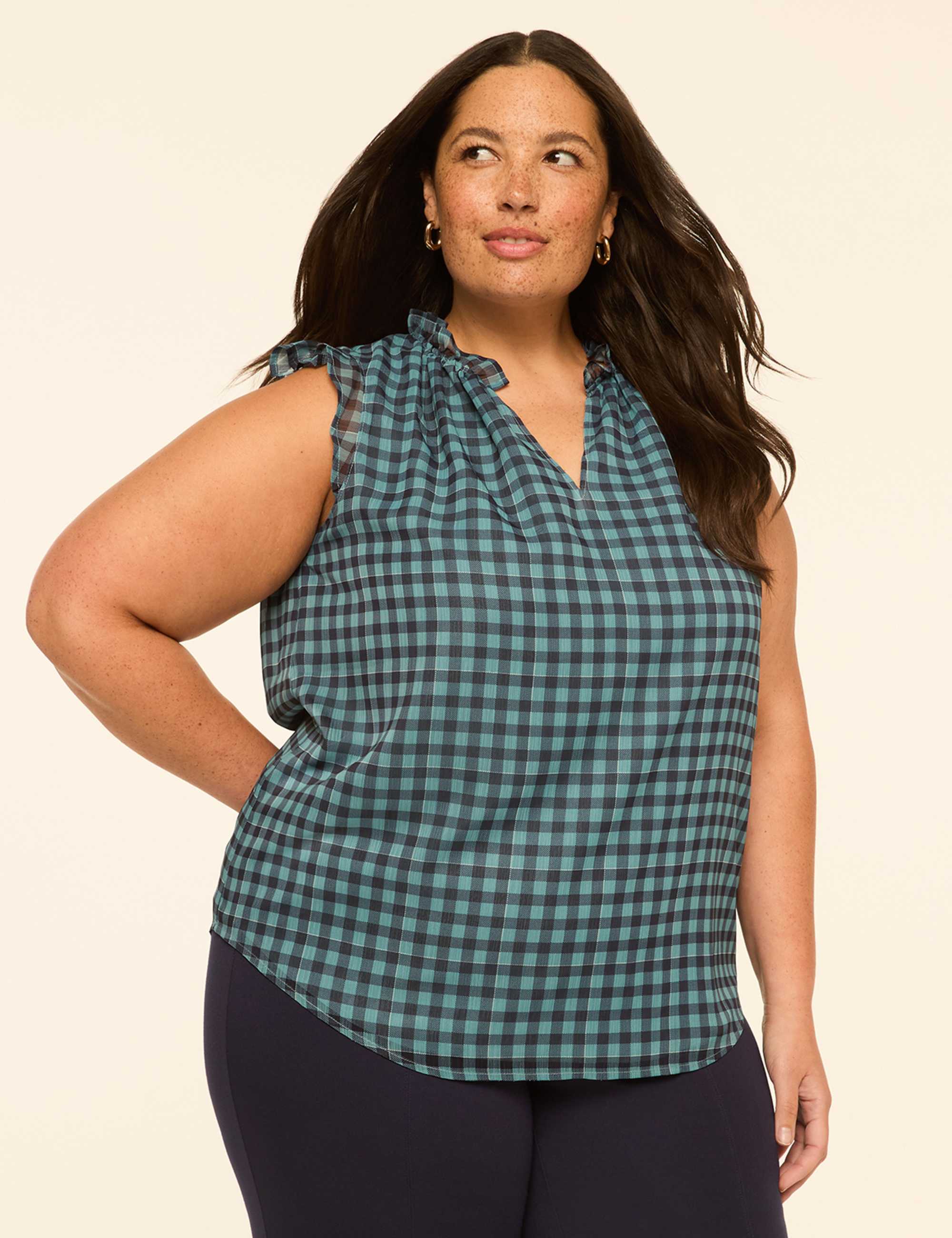 Ruffle-Sleeve Split-Neck Popover Blouse