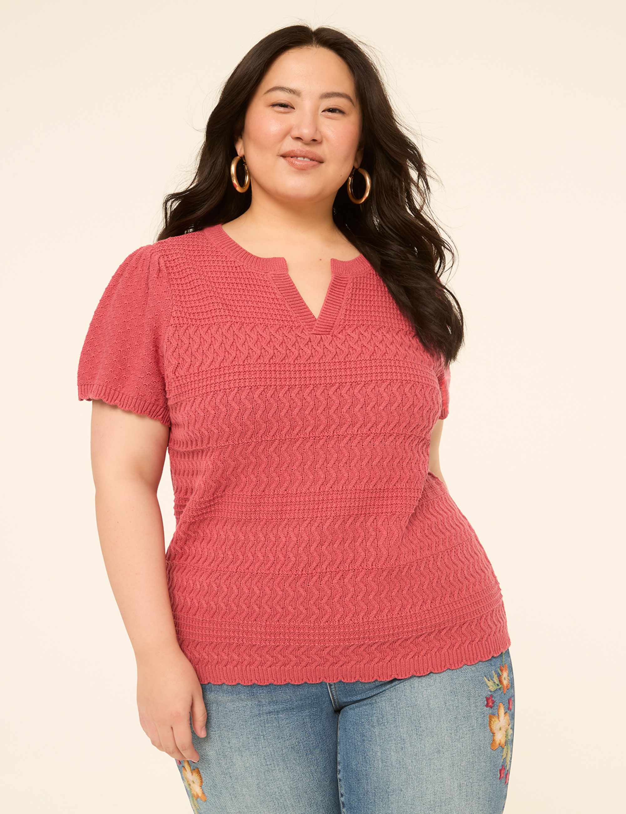 Short-Sleeve Notch-Neck Pointelle-Stitch Sweater