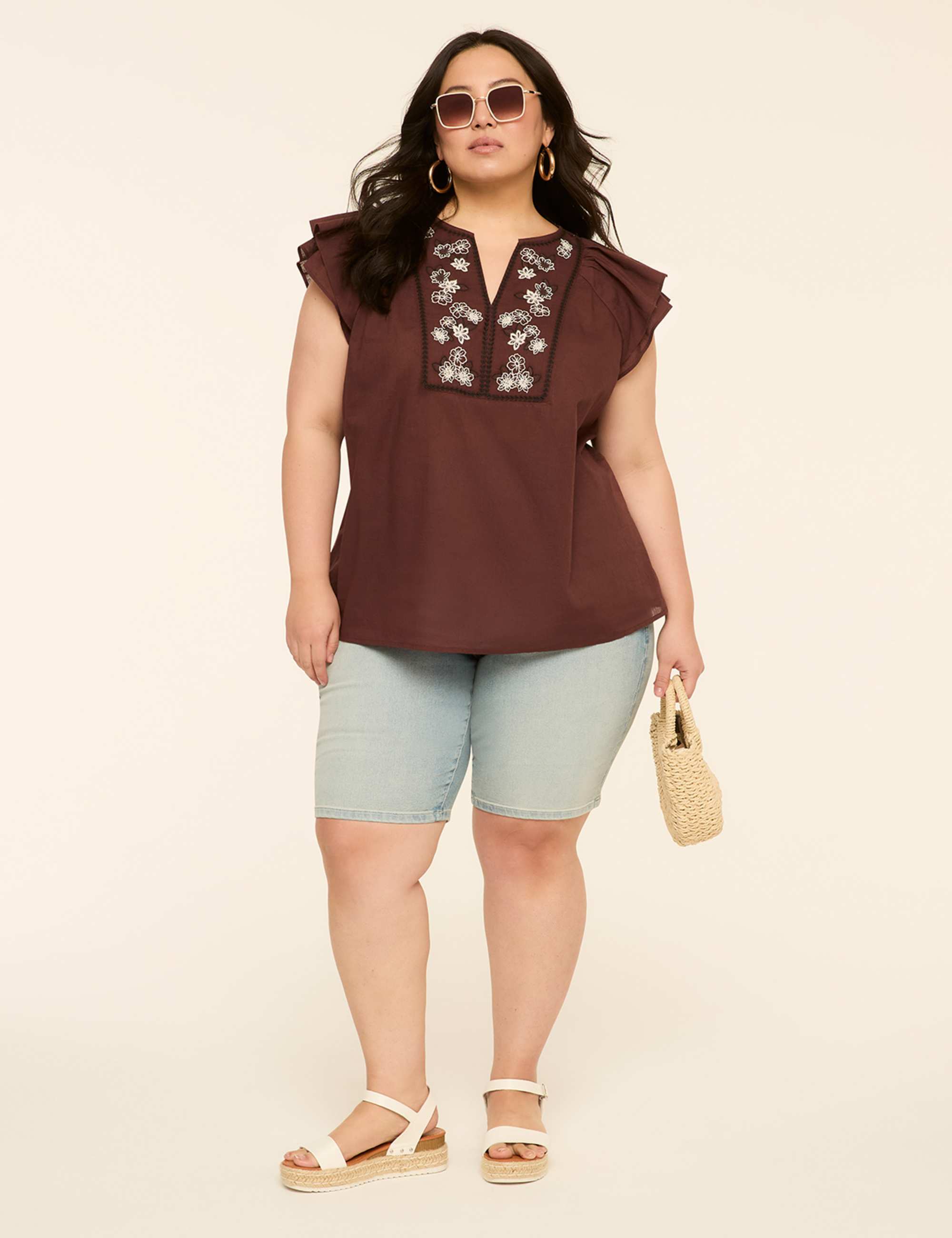 Double Flutter-Sleeve Split-Neck Top