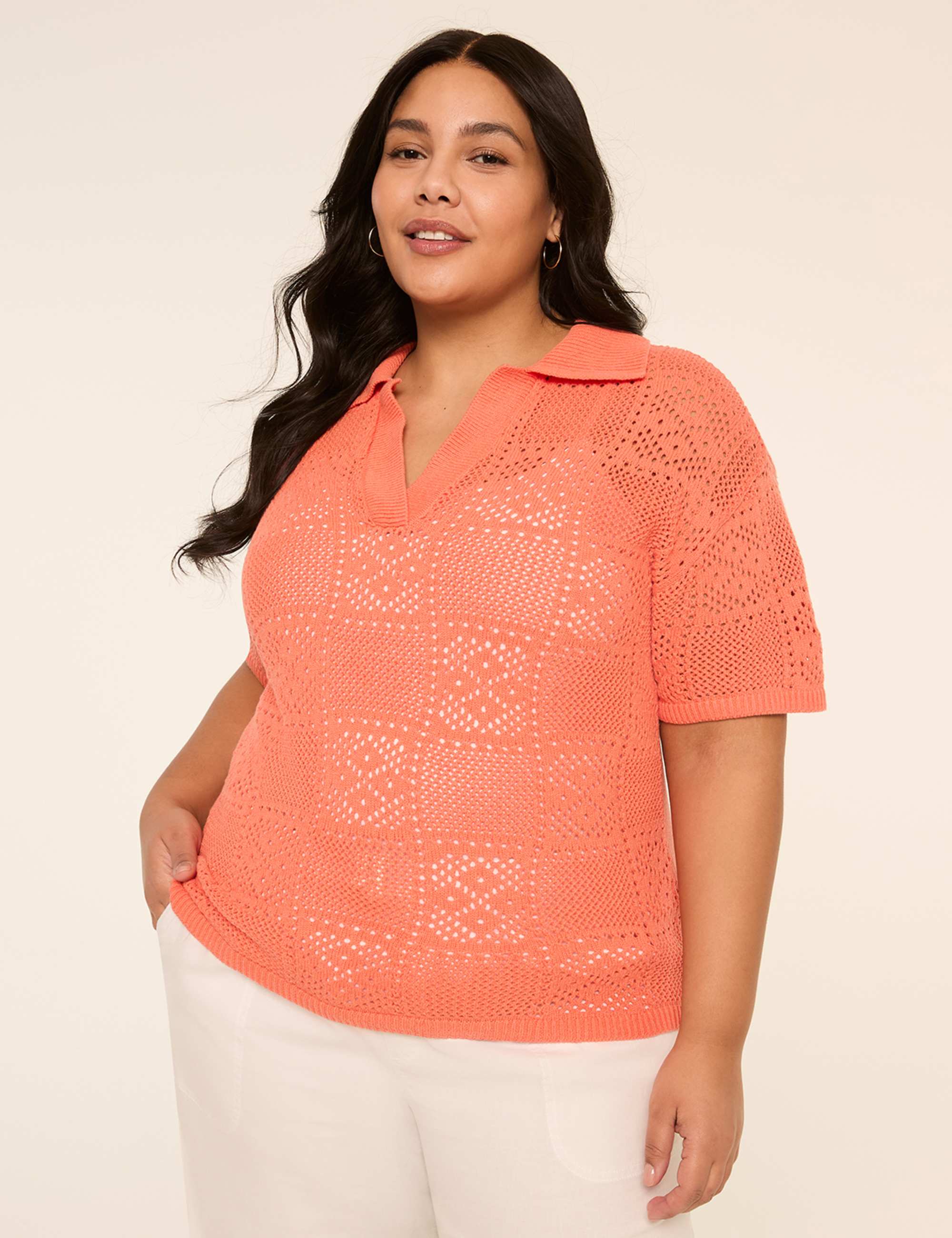 Short-Sleeve Collared Sweater Pullover