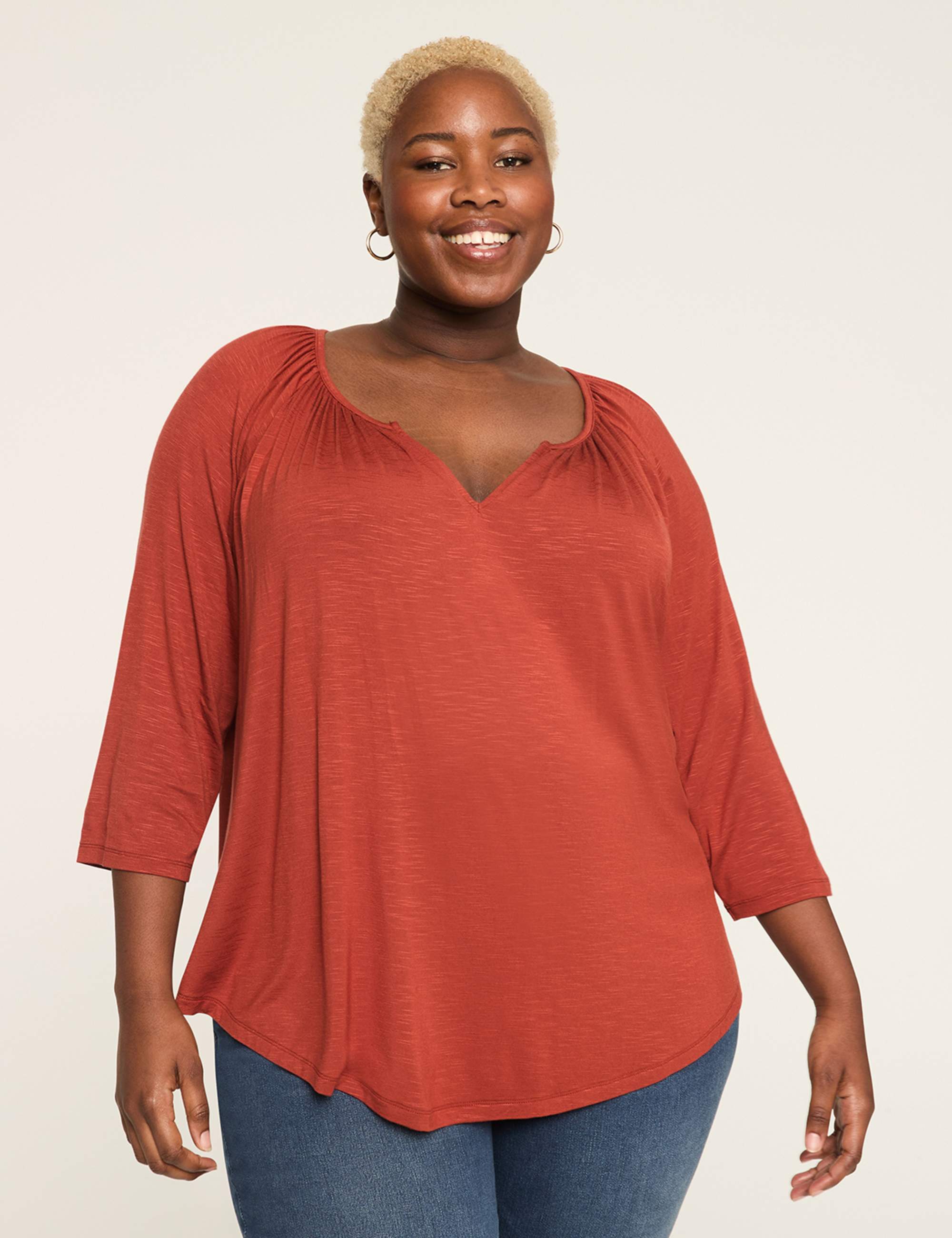 Swing 3/4-Sleeve Notch-Neck Top