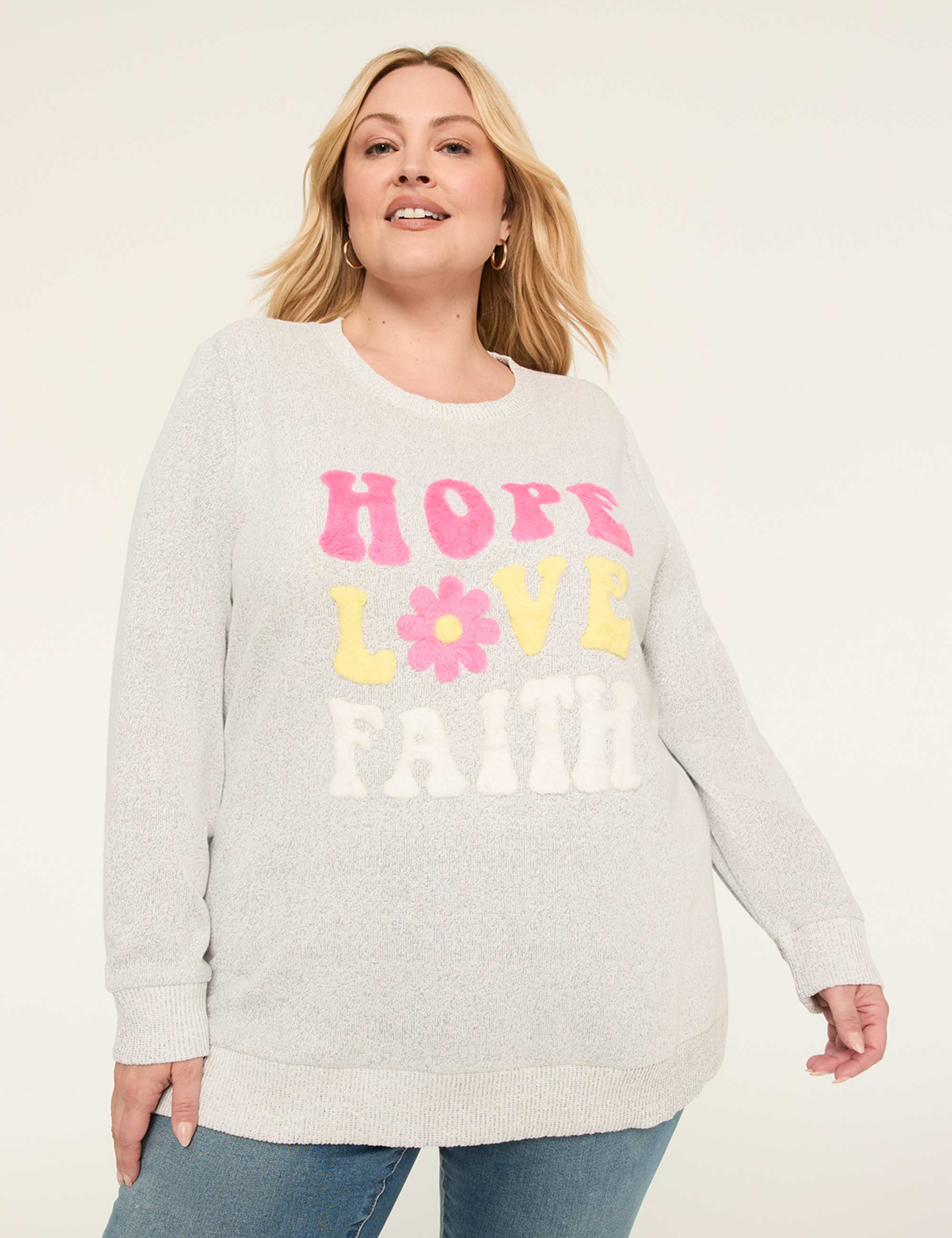Soft-Textured Hope, Love Faith Graphic Sweatshirt