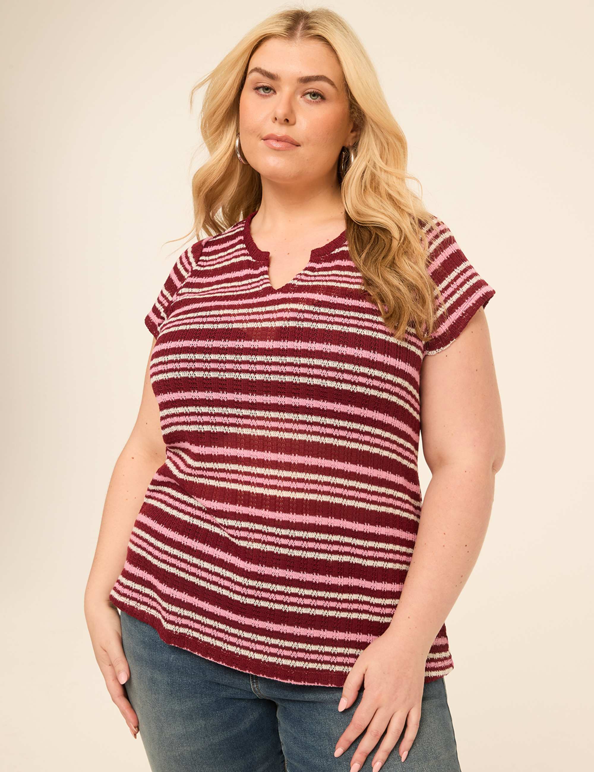 Notch-Neck Textured Open-Stitch Top