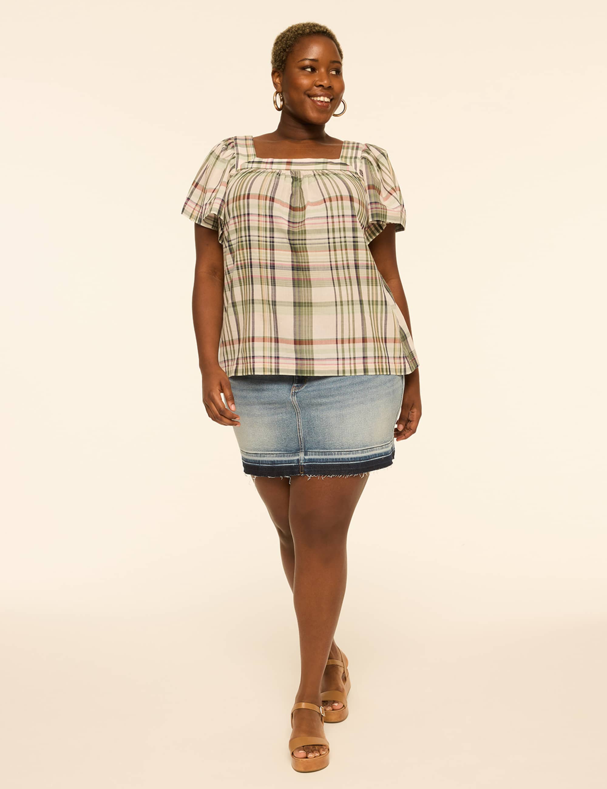 Swing Flutter-Sleeve Square-Neck Blouse