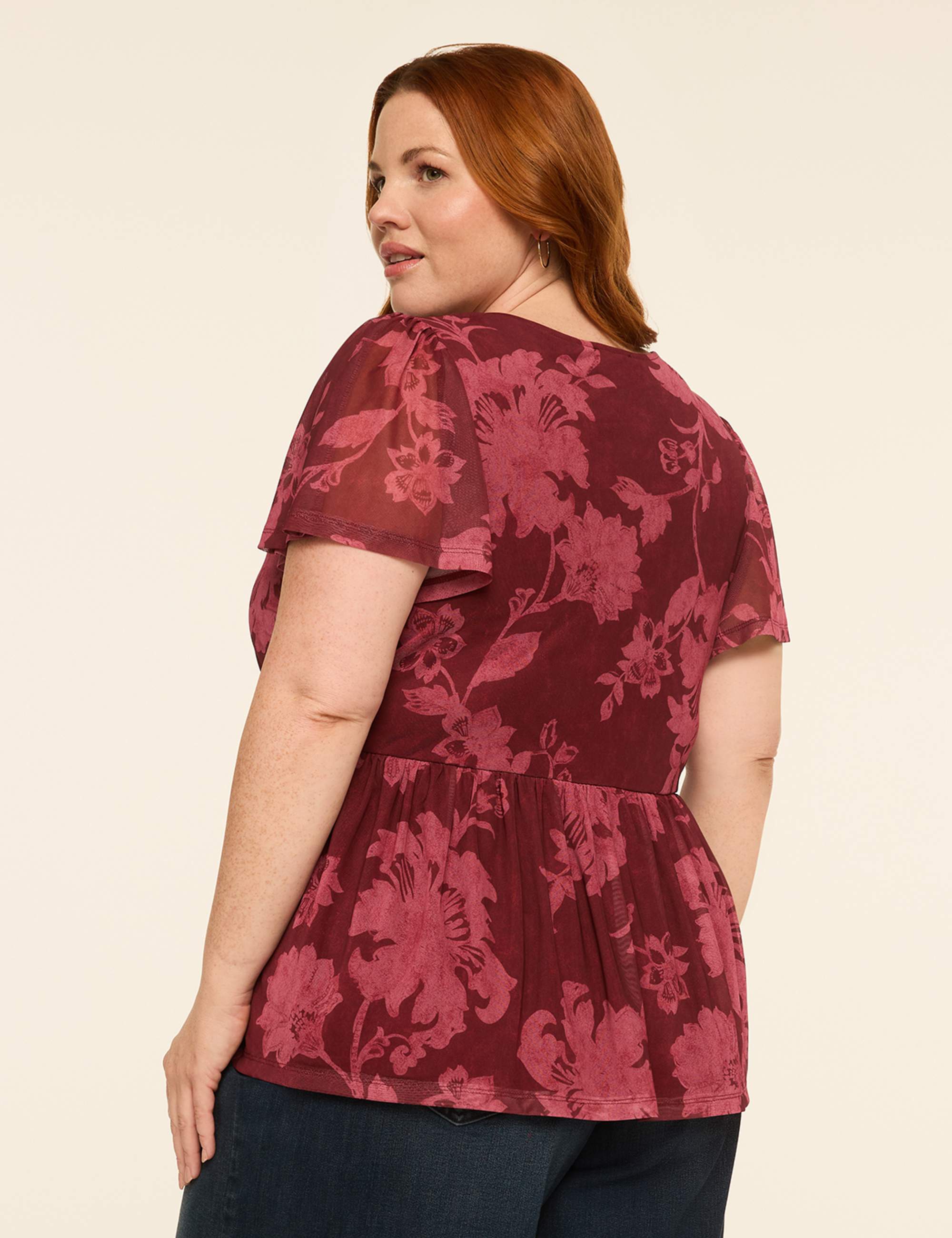 Flutter-Sleeve Mesh Peplum Top