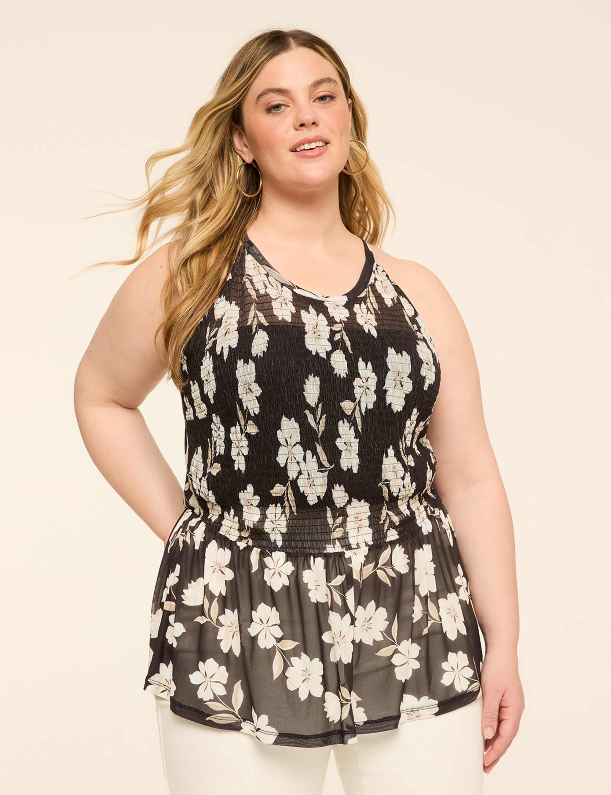 Mesh Halter-Neck Smocked Peplum Top