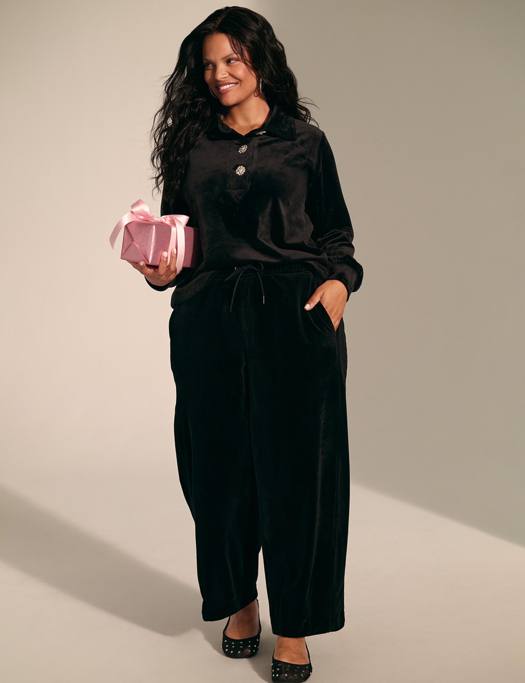 Rib Velour Pull-On Curved Ankle Pant
