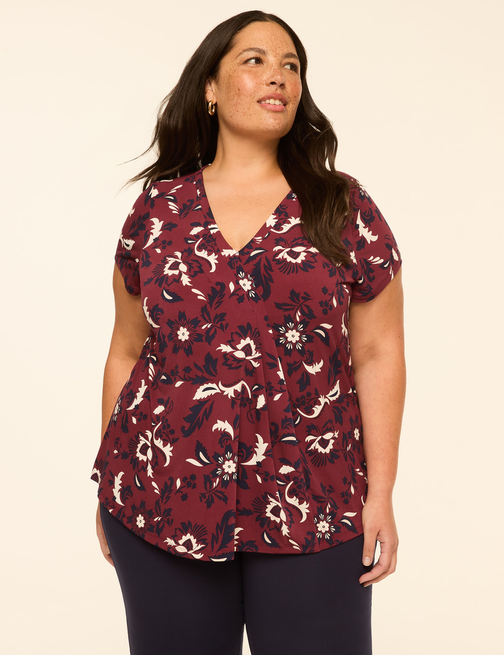 Swing Cap-Sleeve Pleat-Front Top