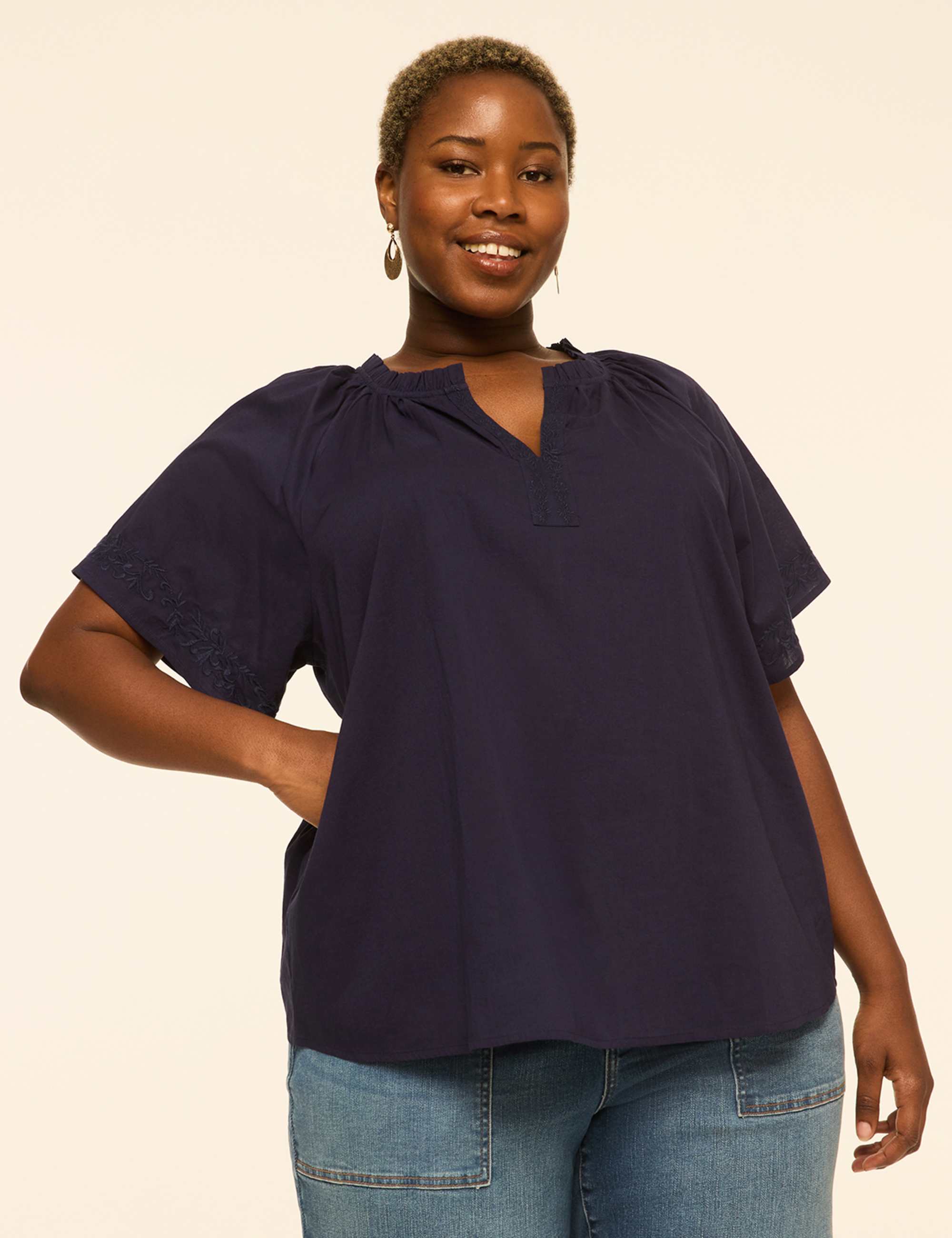 Embroidered Flutter-Sleeve Split-Neck Popover Blouse