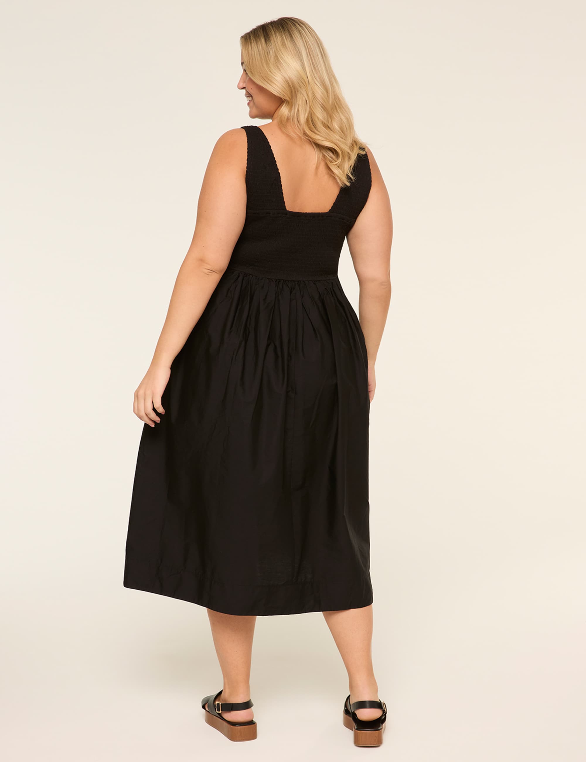 V-Neck Smocked-Bodice Midi Dress