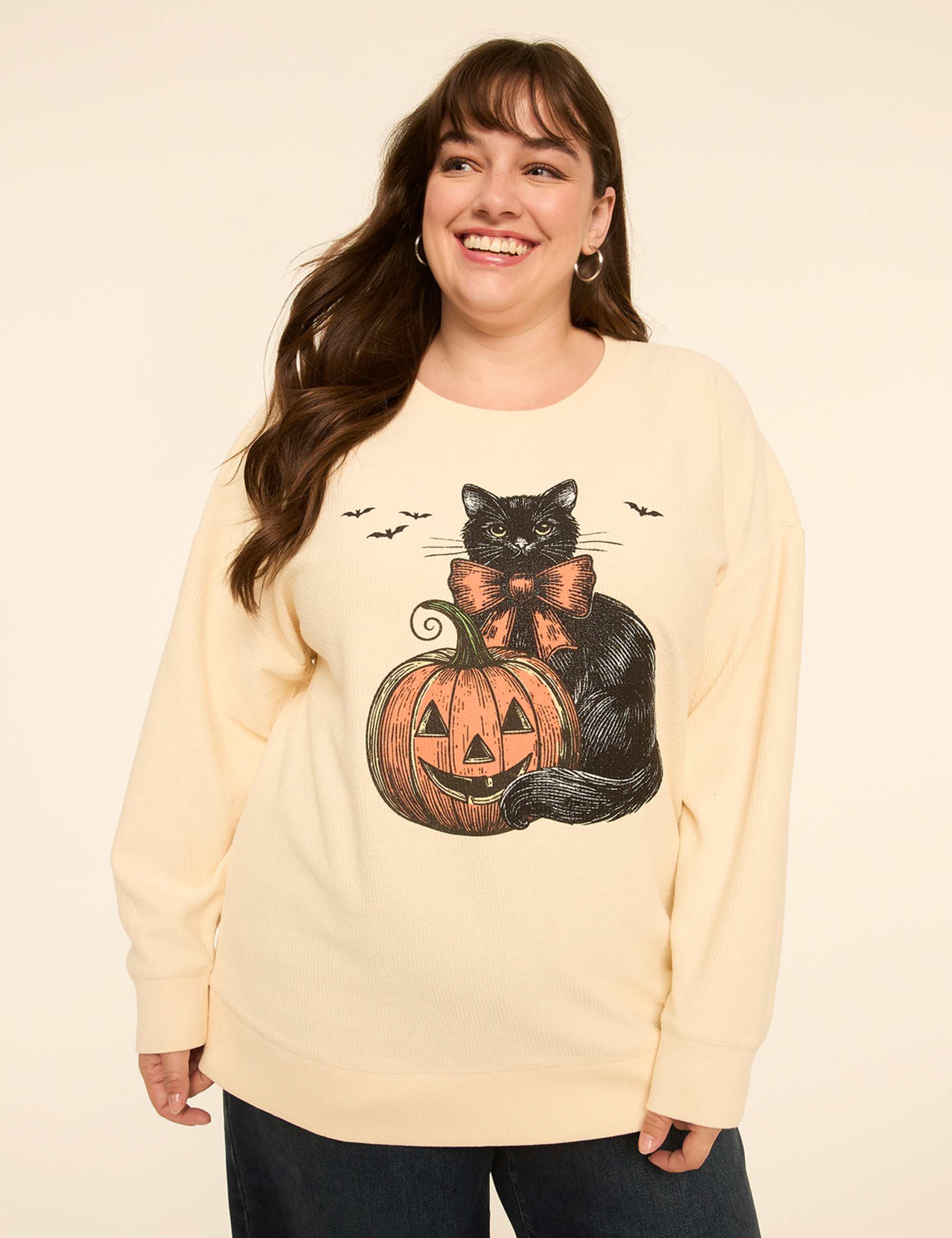 Glitter Pumpkin & Cat Graphic Sweatshirt