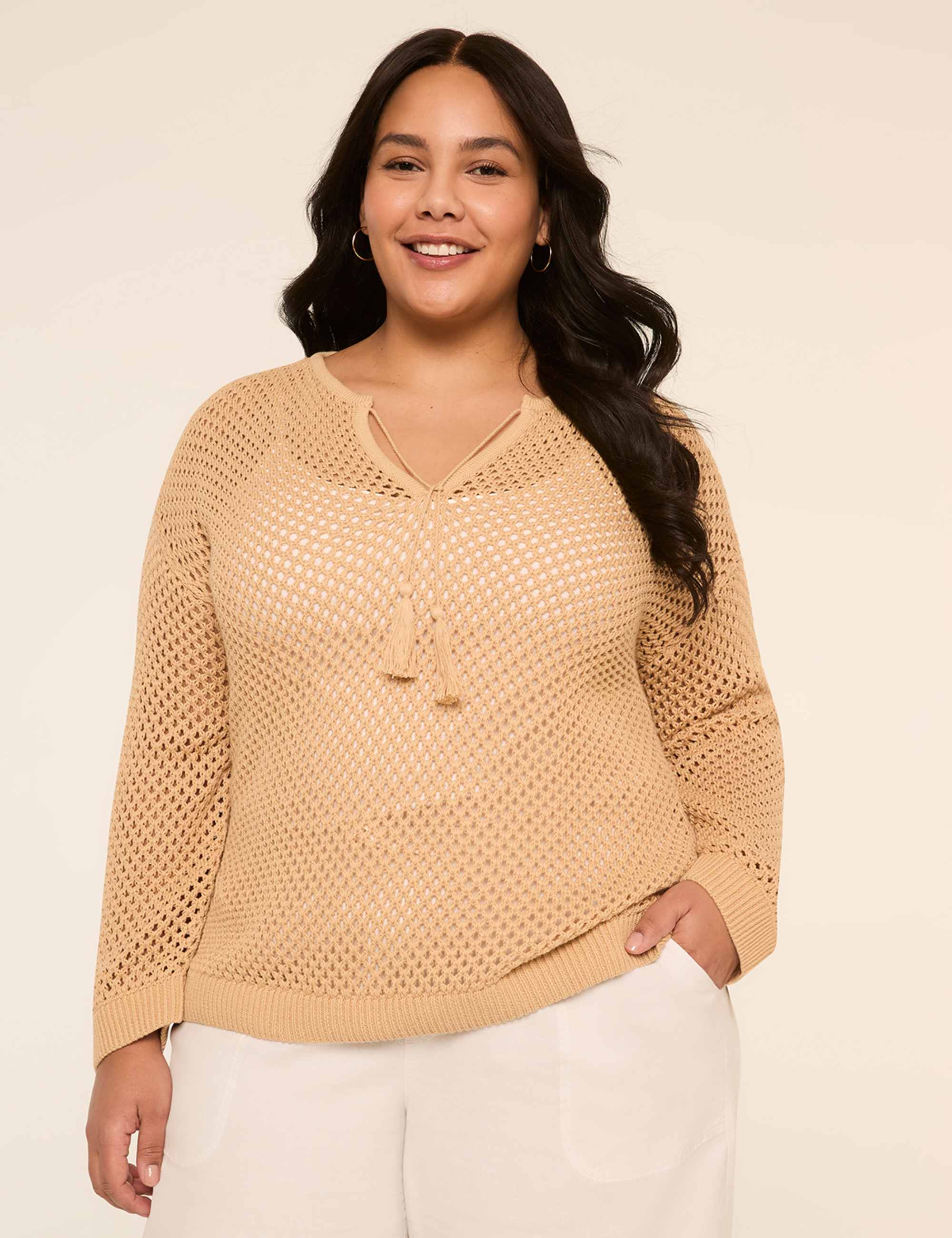 Tassel-Tie Open-Stitch Sweater Tunic