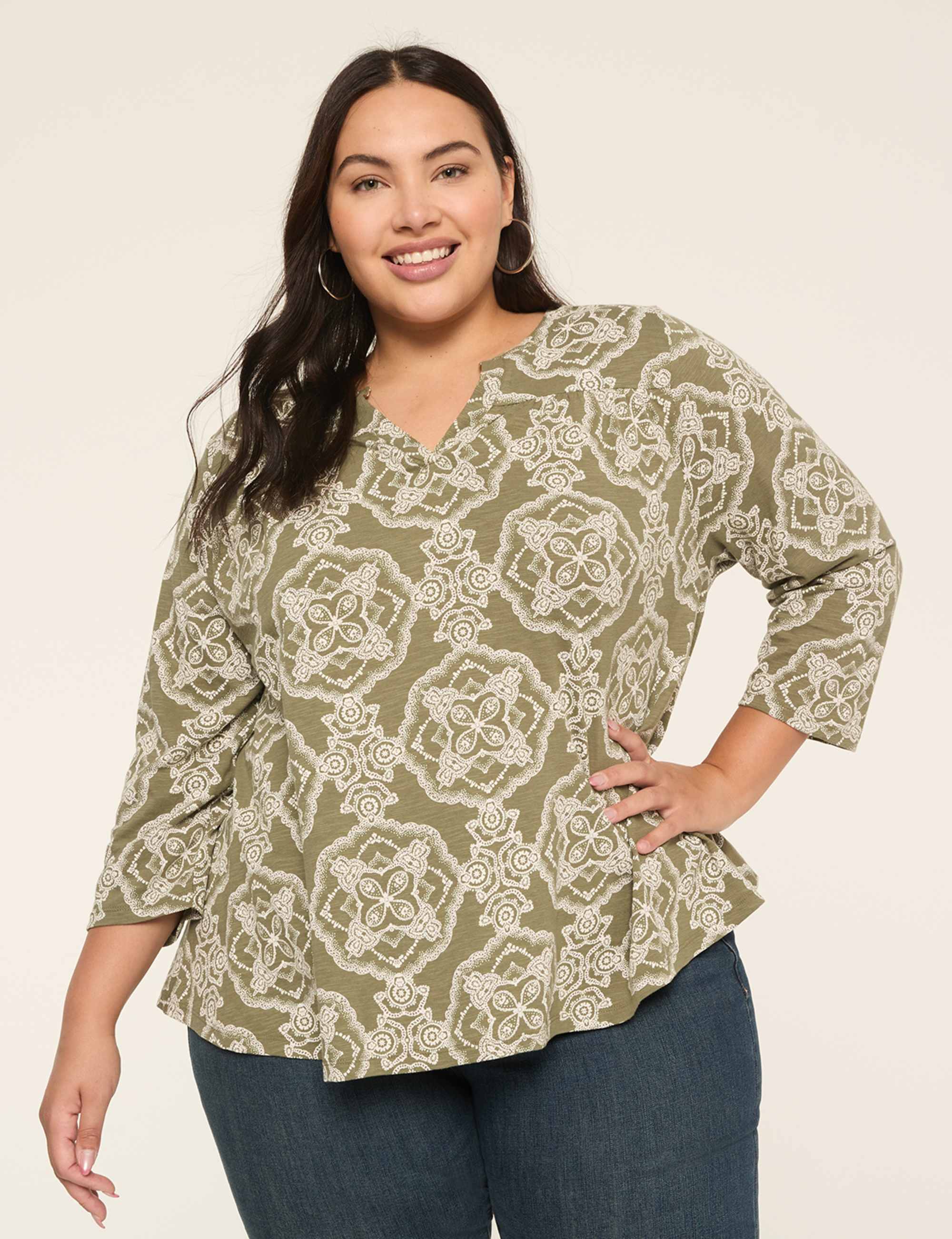 3/4-Sleeve Notch-Neck Top