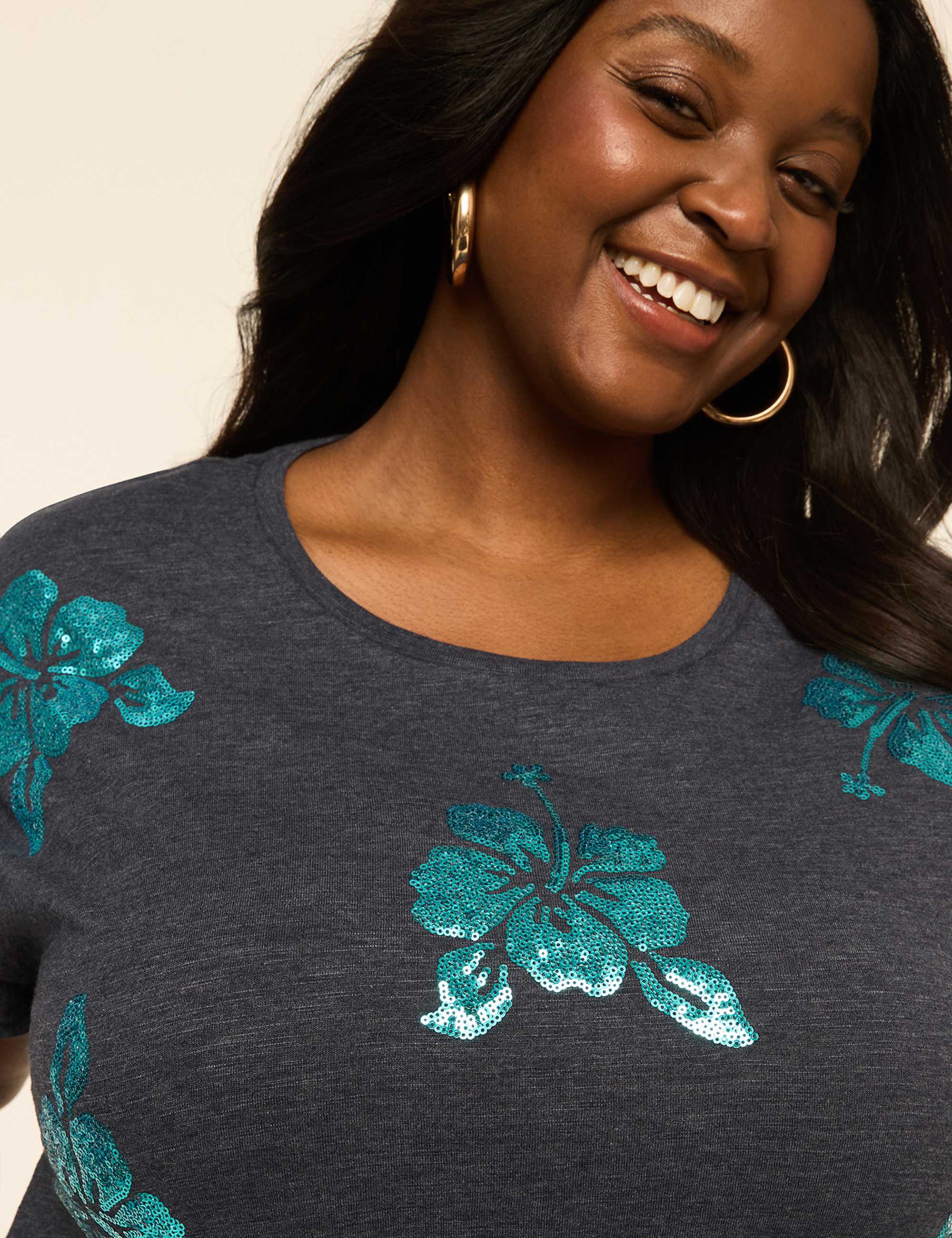 Sequin Tropical Flowers Graphic Tee