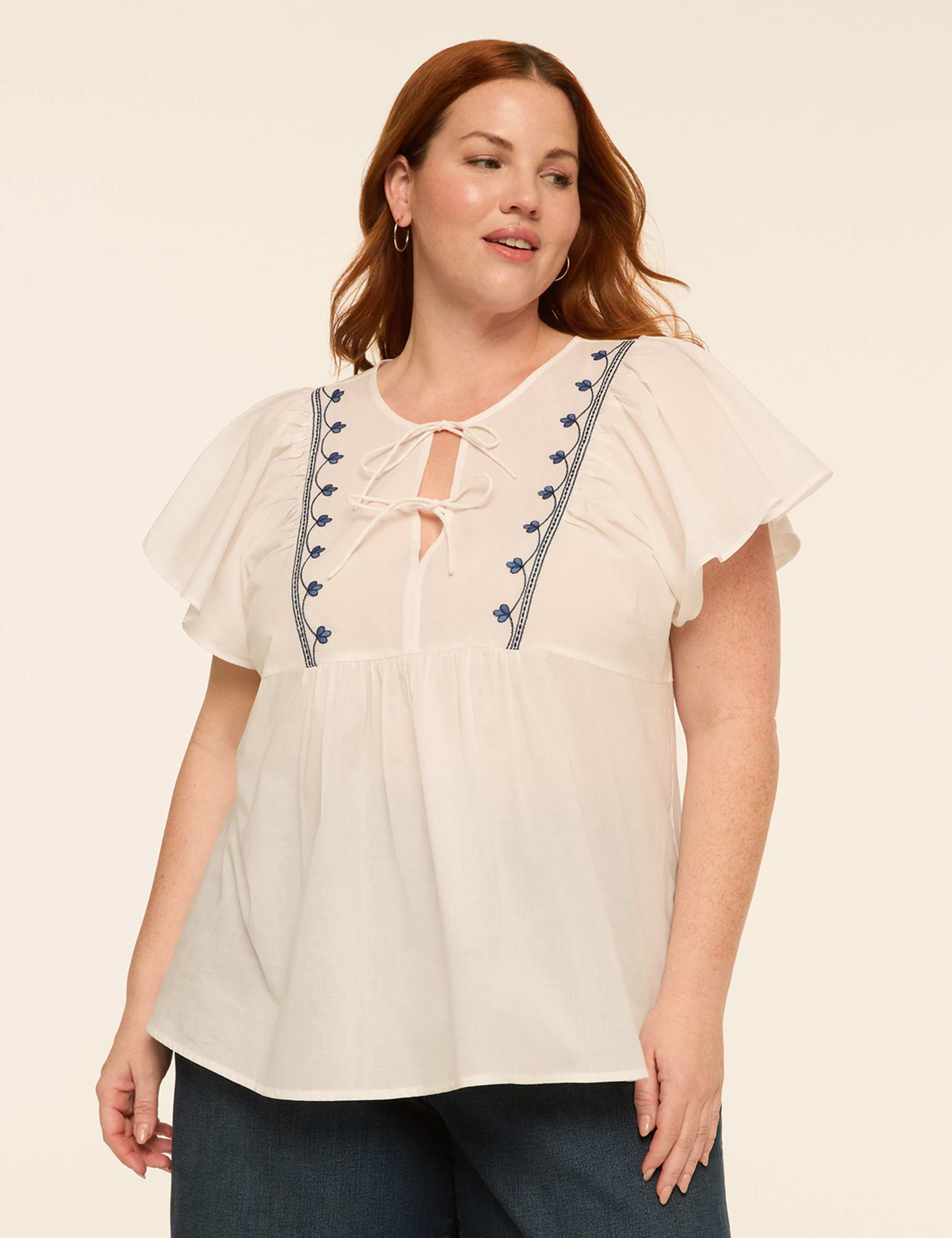 Embroidered Flutter-Sleeve Tie-Front Popover Blouse