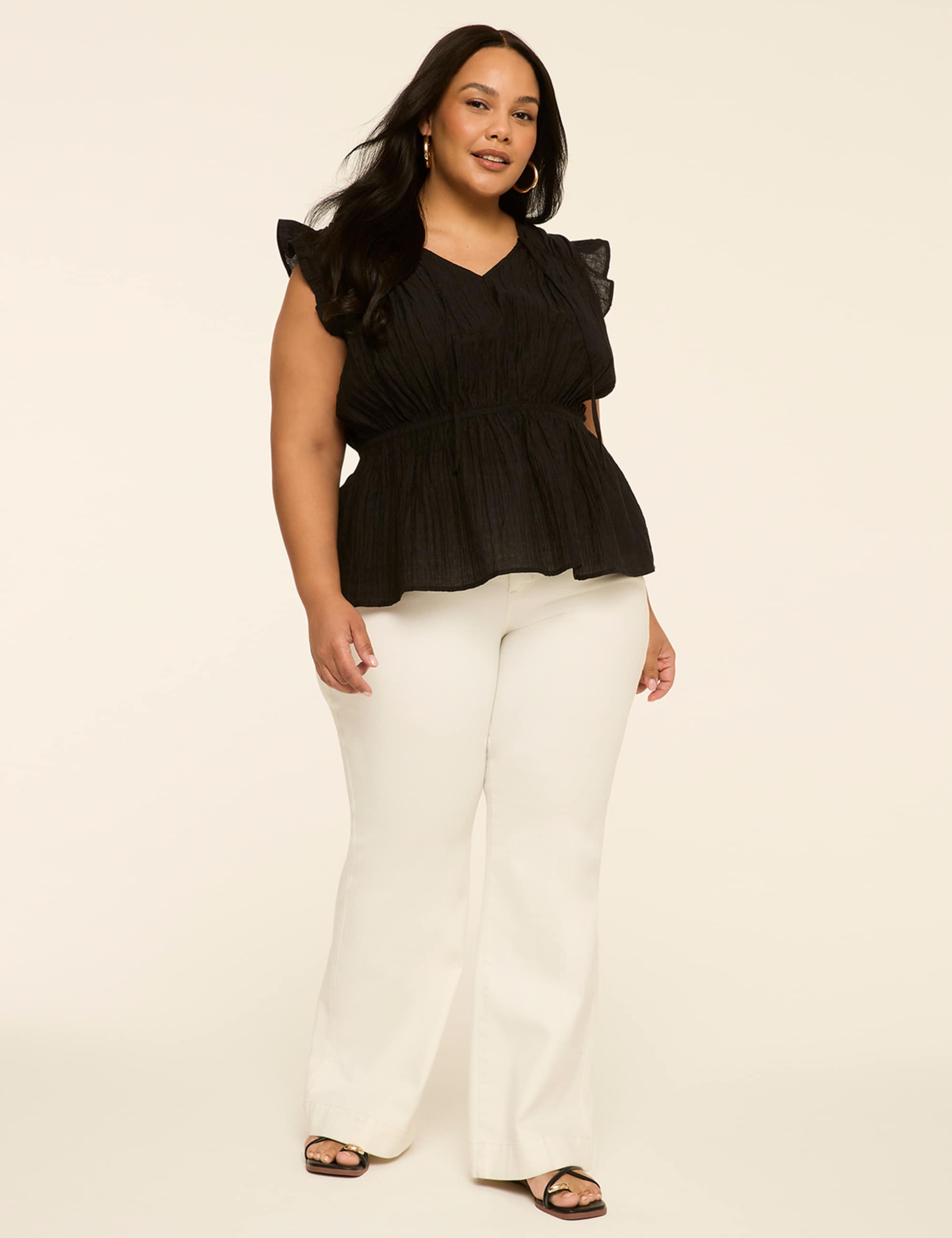 Ruffle-Sleeve Tie-Neck Peplum Top