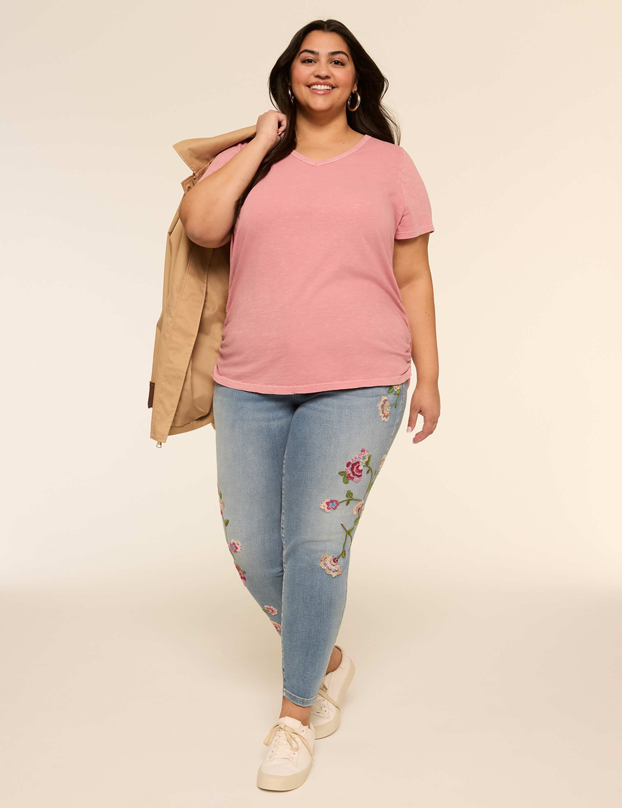 Short-Sleeve V-Neck Side-Ruched Tee
