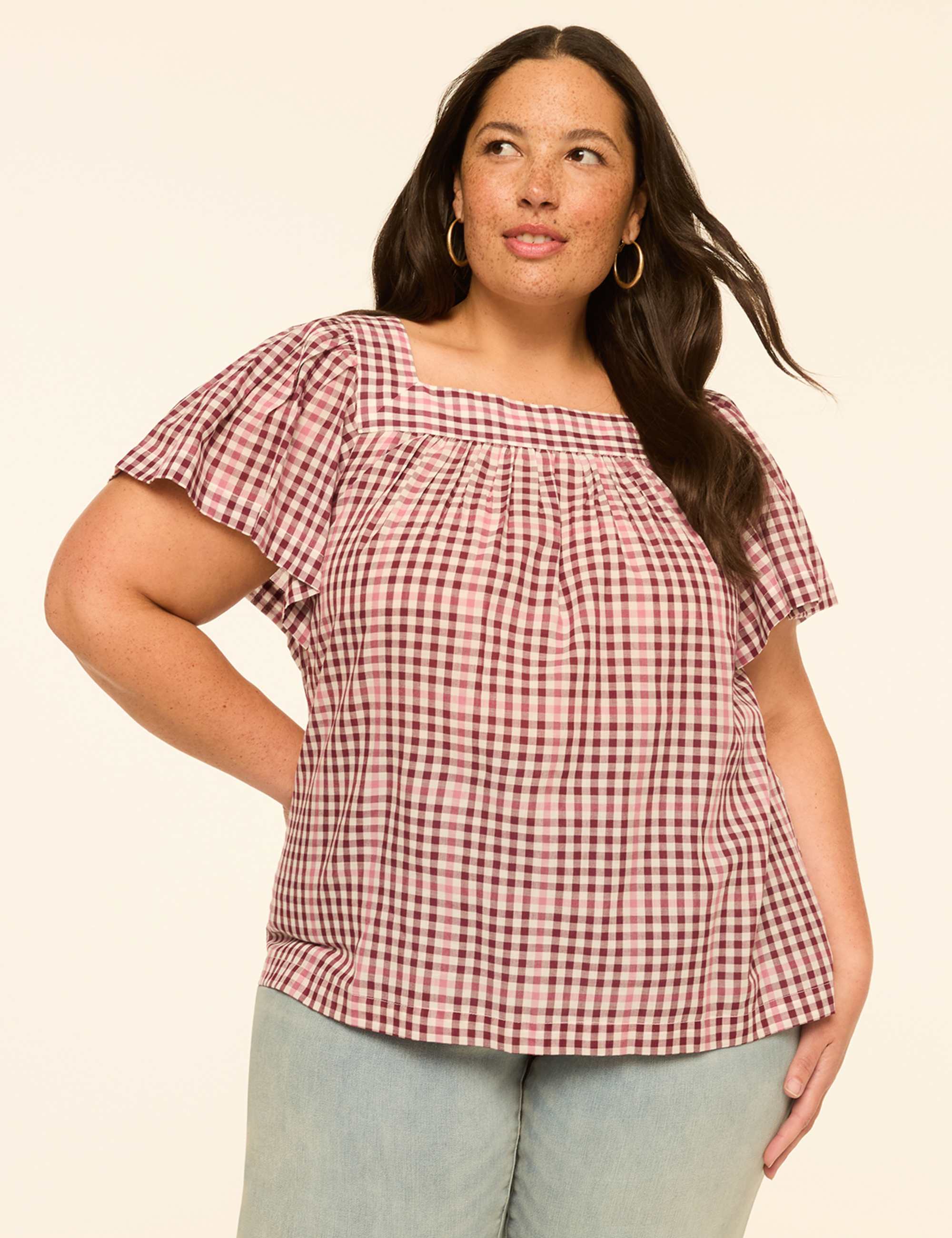 Swing Flutter-Sleeve Square-Neck Blouse