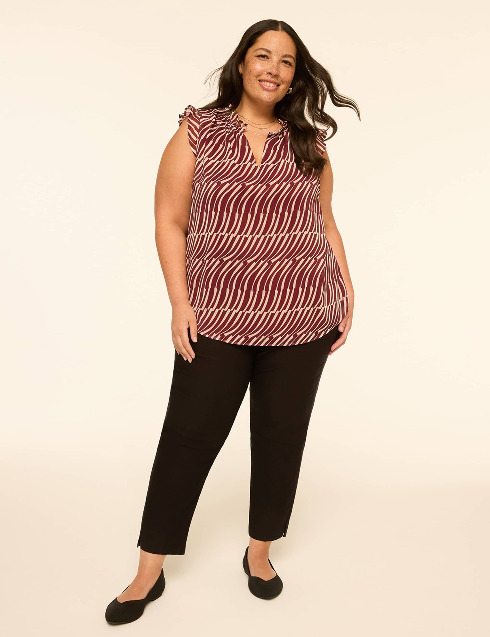 Ruffle-Sleeve Split-Neck Popover Blouse