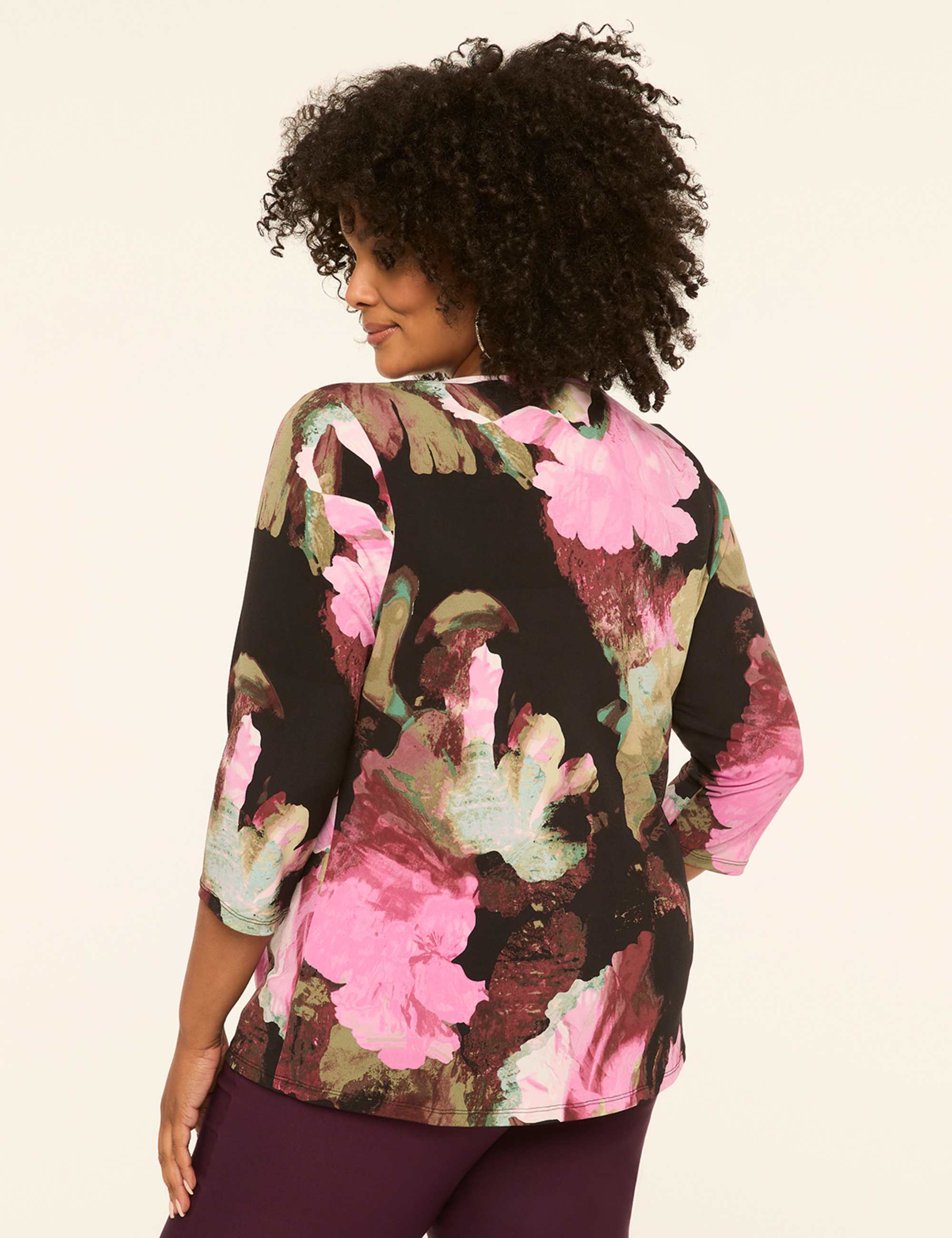 Swing 3/4-Sleeve Pleat-Front Top