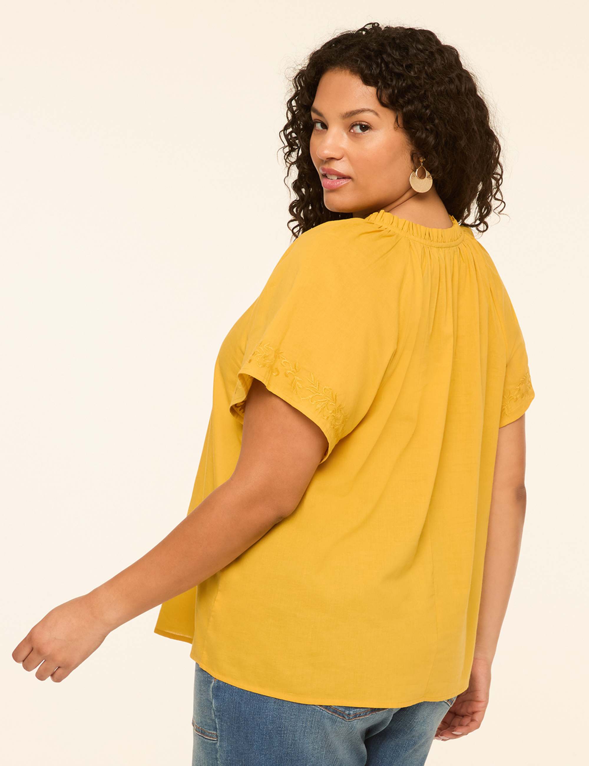 Embroidered Flutter-Sleeve Split-Neck Popover Blouse