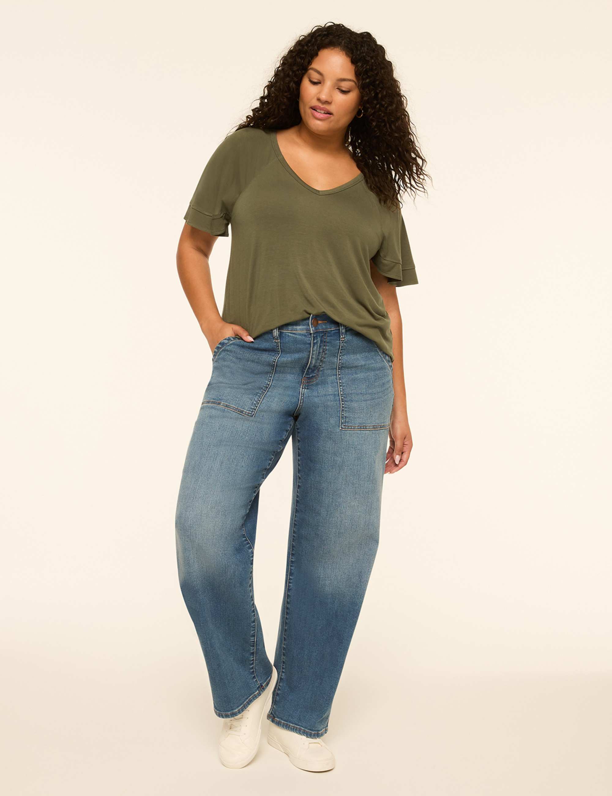 DreamFeel Double Flutter-Sleeve V-Neck Top